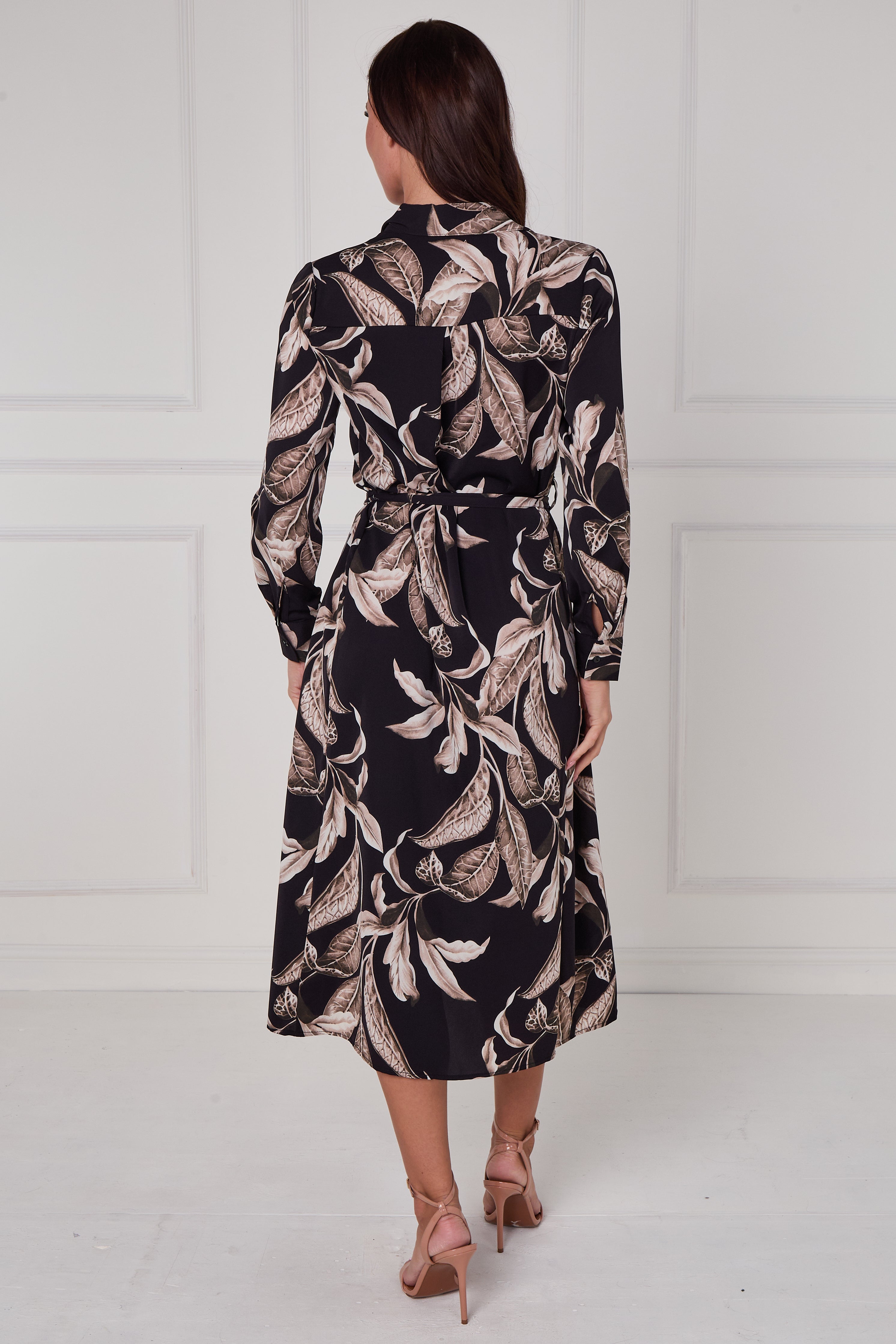8Pcs Black Botanical Print Midi Shirt Dress