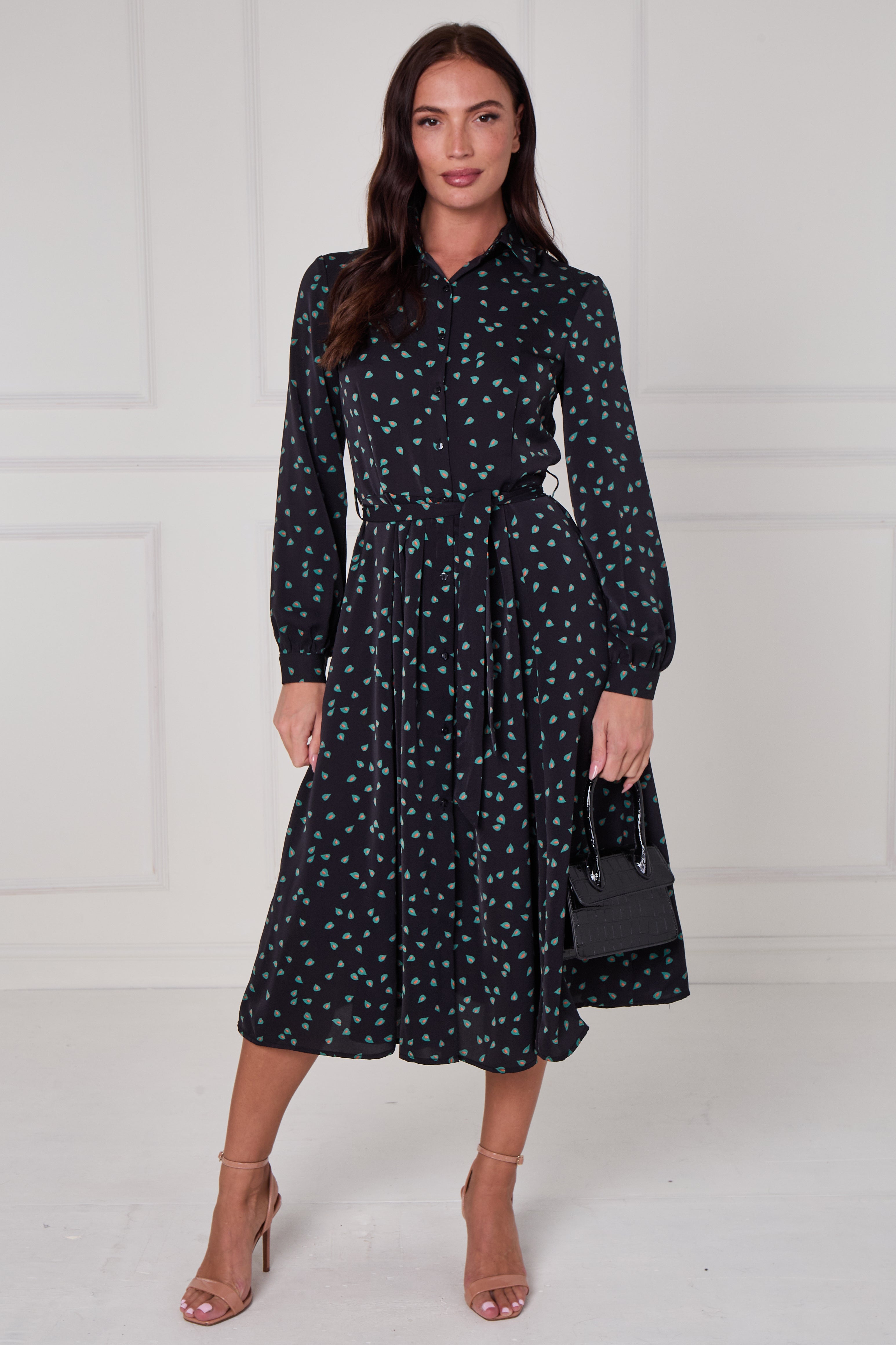 8Pcs Black Teal Abstract Petal Print Midi Shirt Dress
