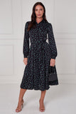 8Pcs Black Teal Abstract Petal Print Midi Shirt Dress