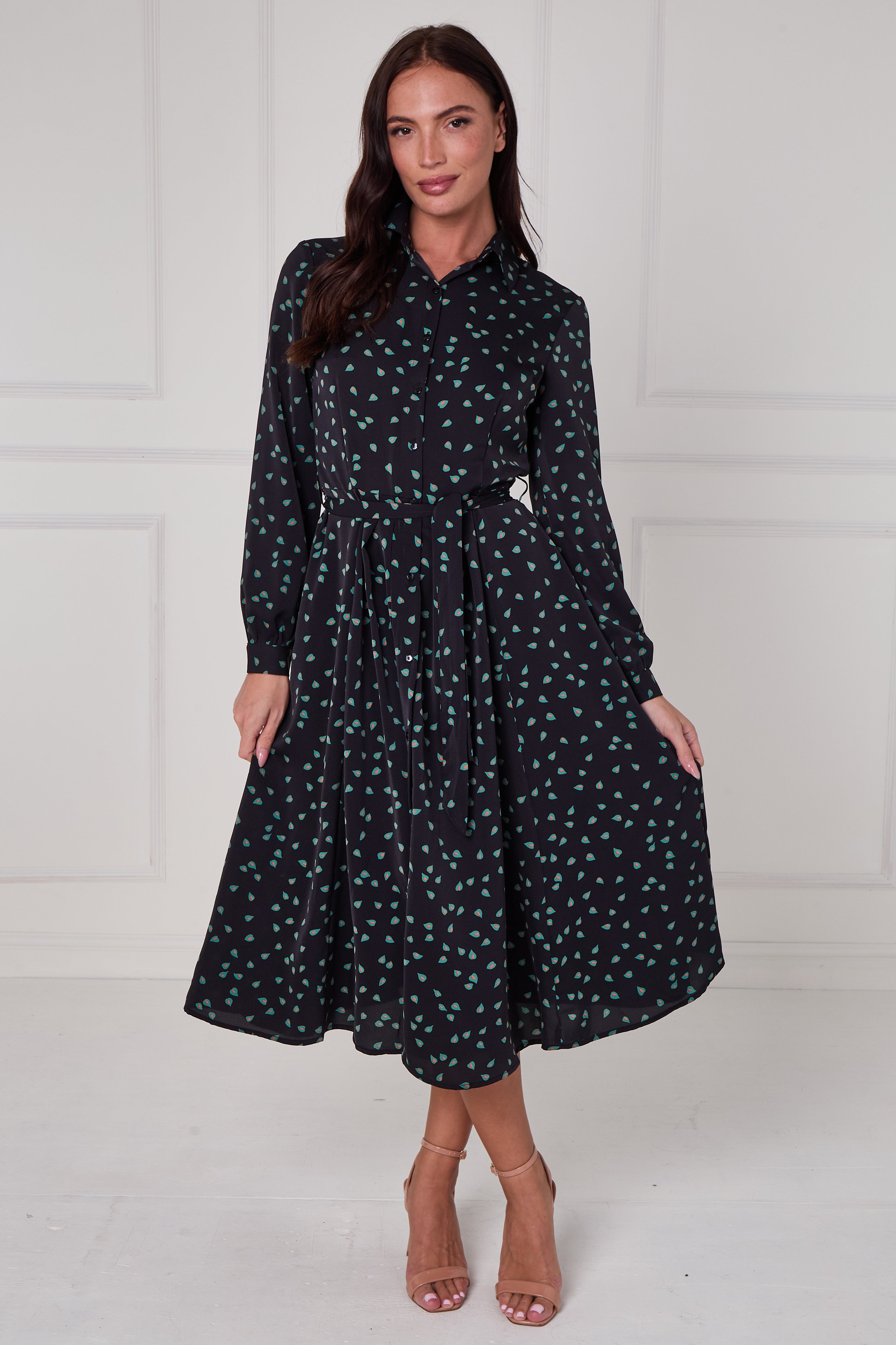 8Pcs Black Teal Abstract Petal Print Midi Shirt Dress