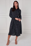 8Pcs Black Teal Abstract Petal Print Midi Shirt Dress