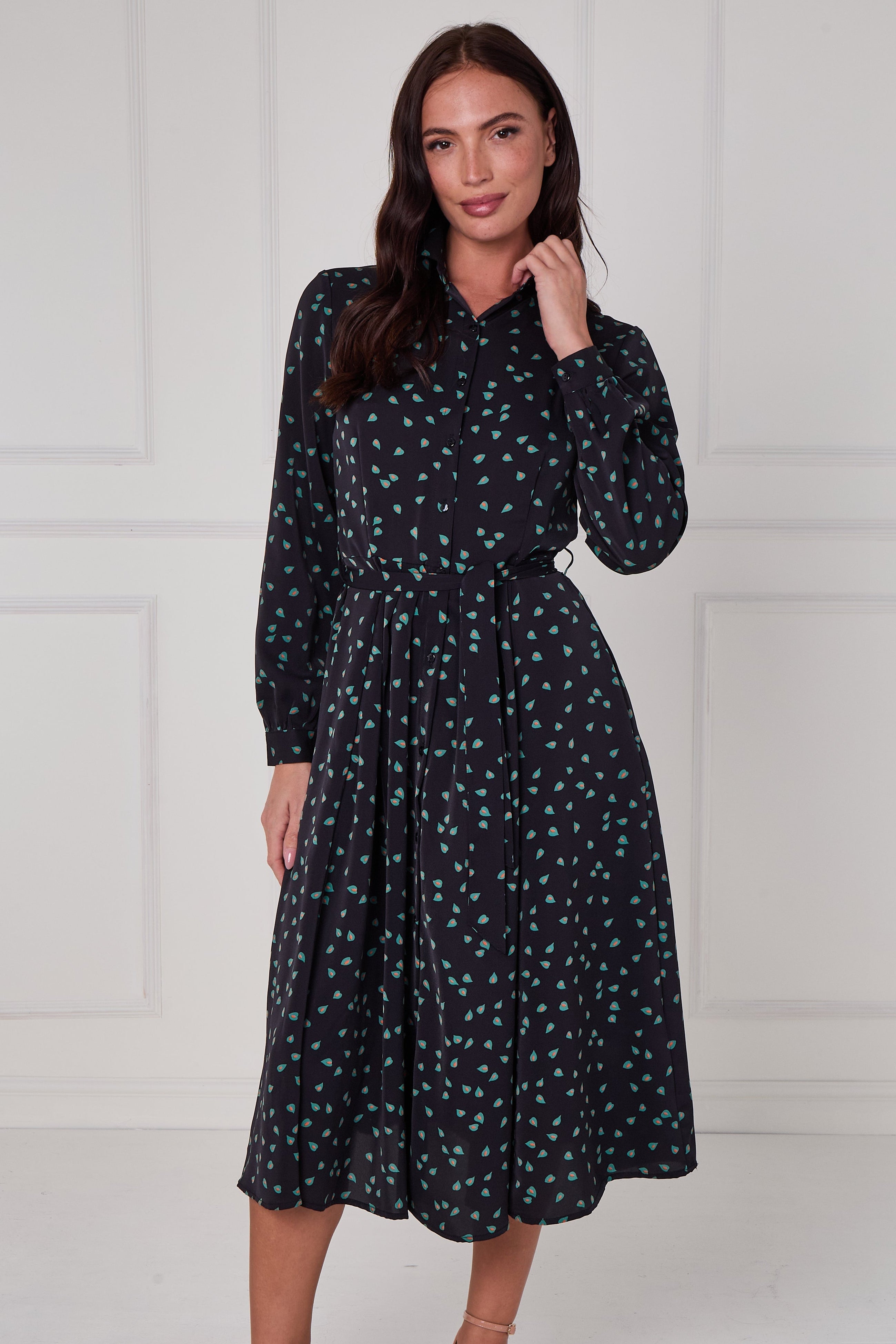 8Pcs Black Teal Abstract Petal Print Midi Shirt Dress