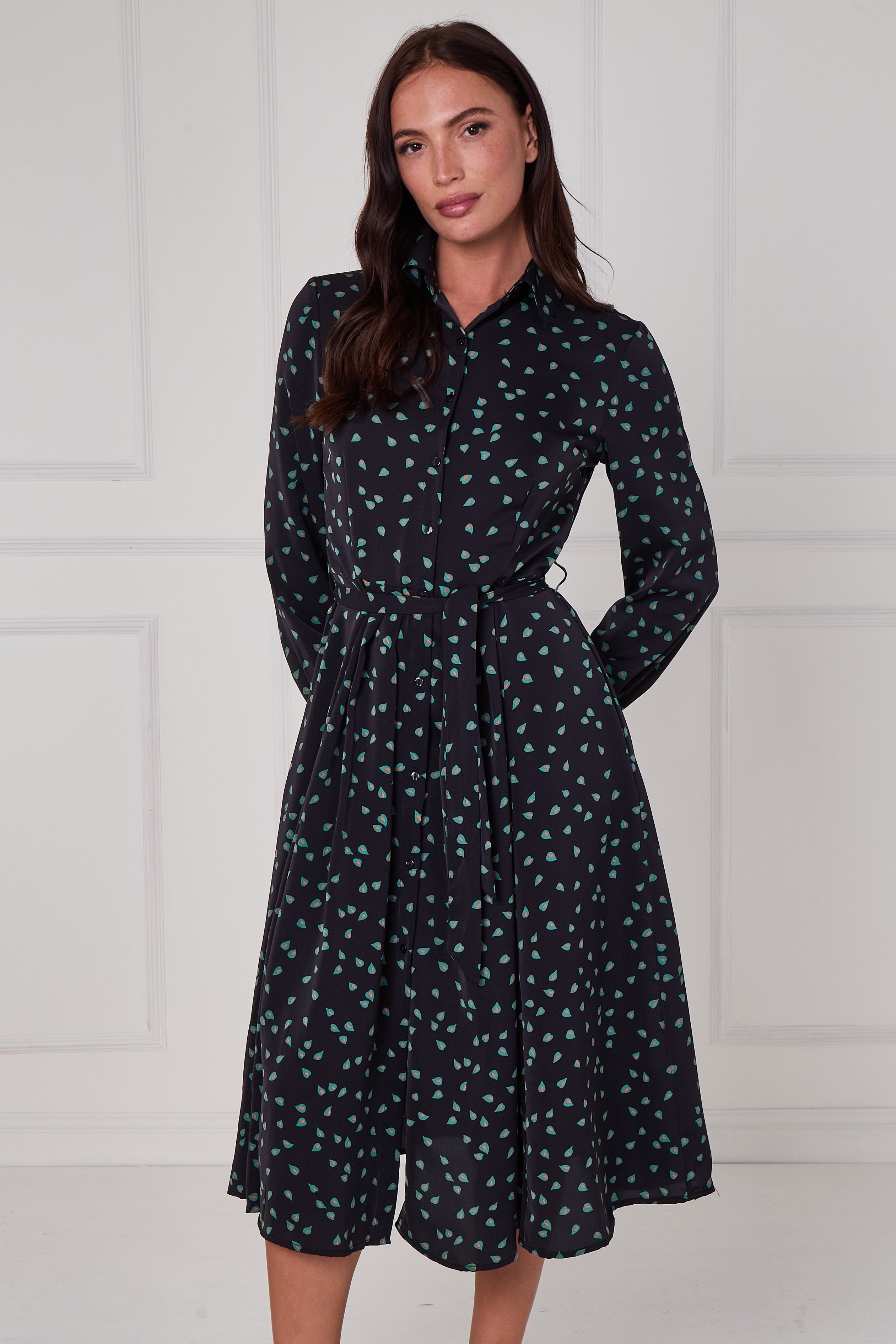 8Pcs Black Teal Abstract Petal Print Midi Shirt Dress