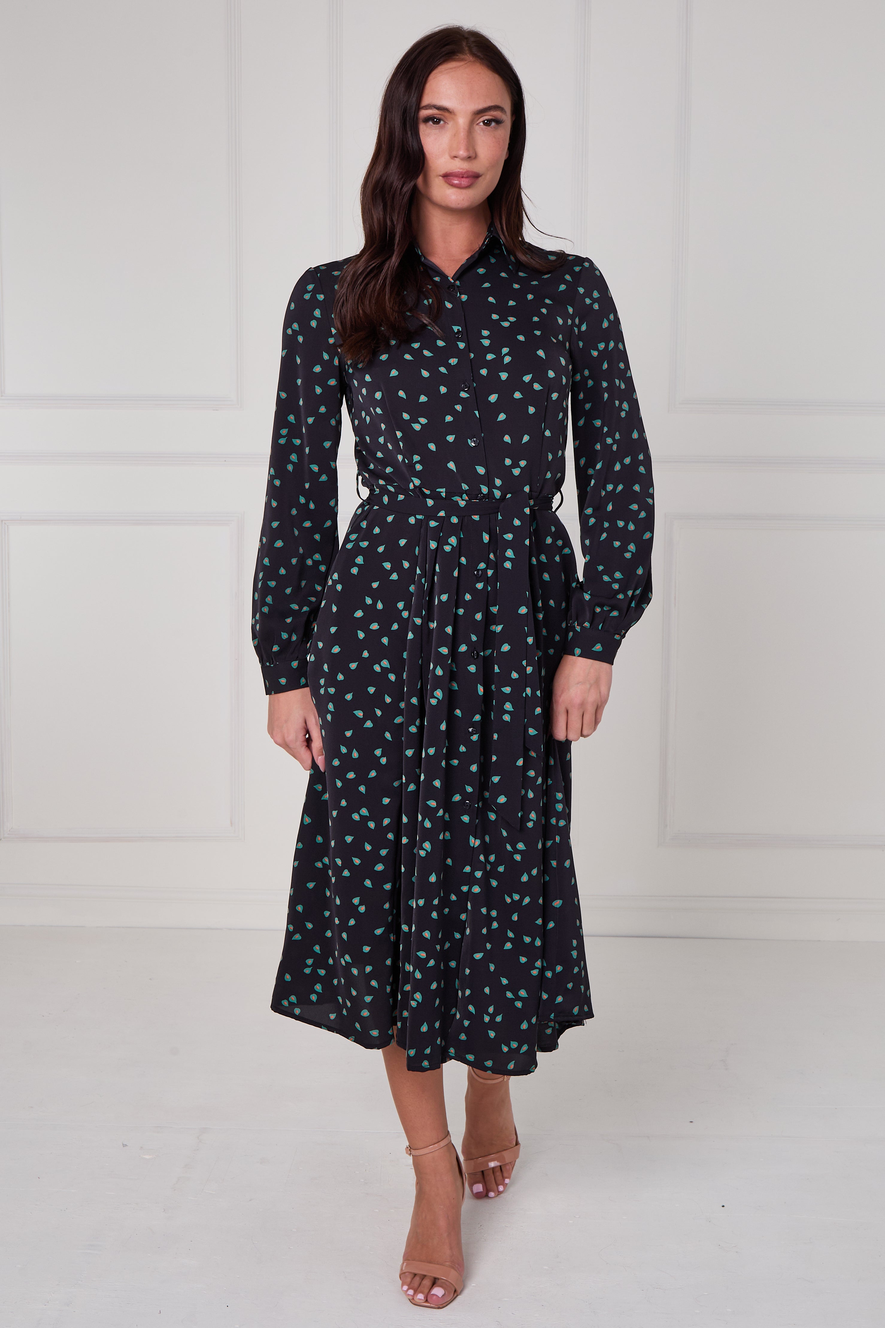 8Pcs Black Teal Abstract Petal Print Midi Shirt Dress
