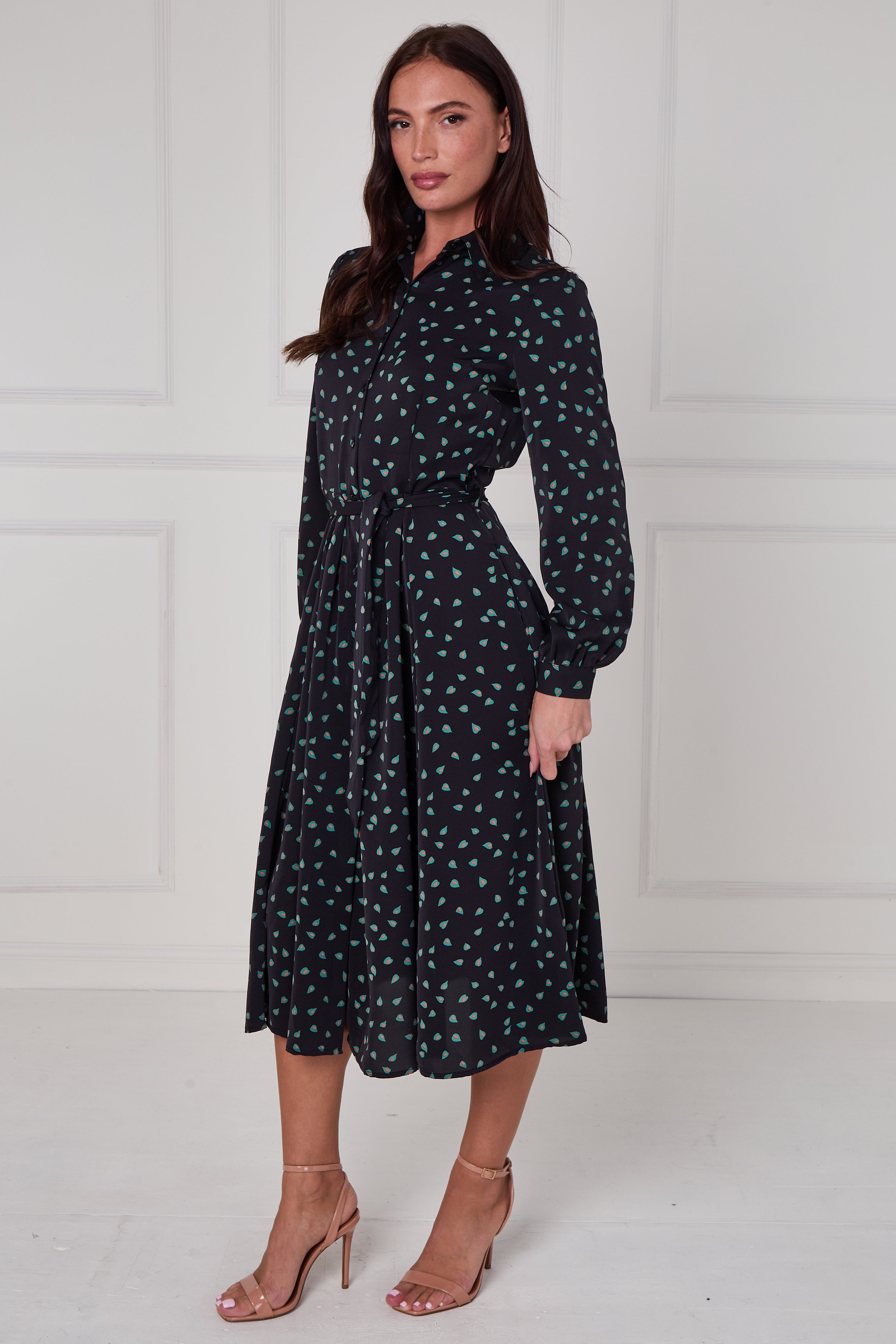 8Pcs Black Teal Abstract Petal Print Midi Shirt Dress