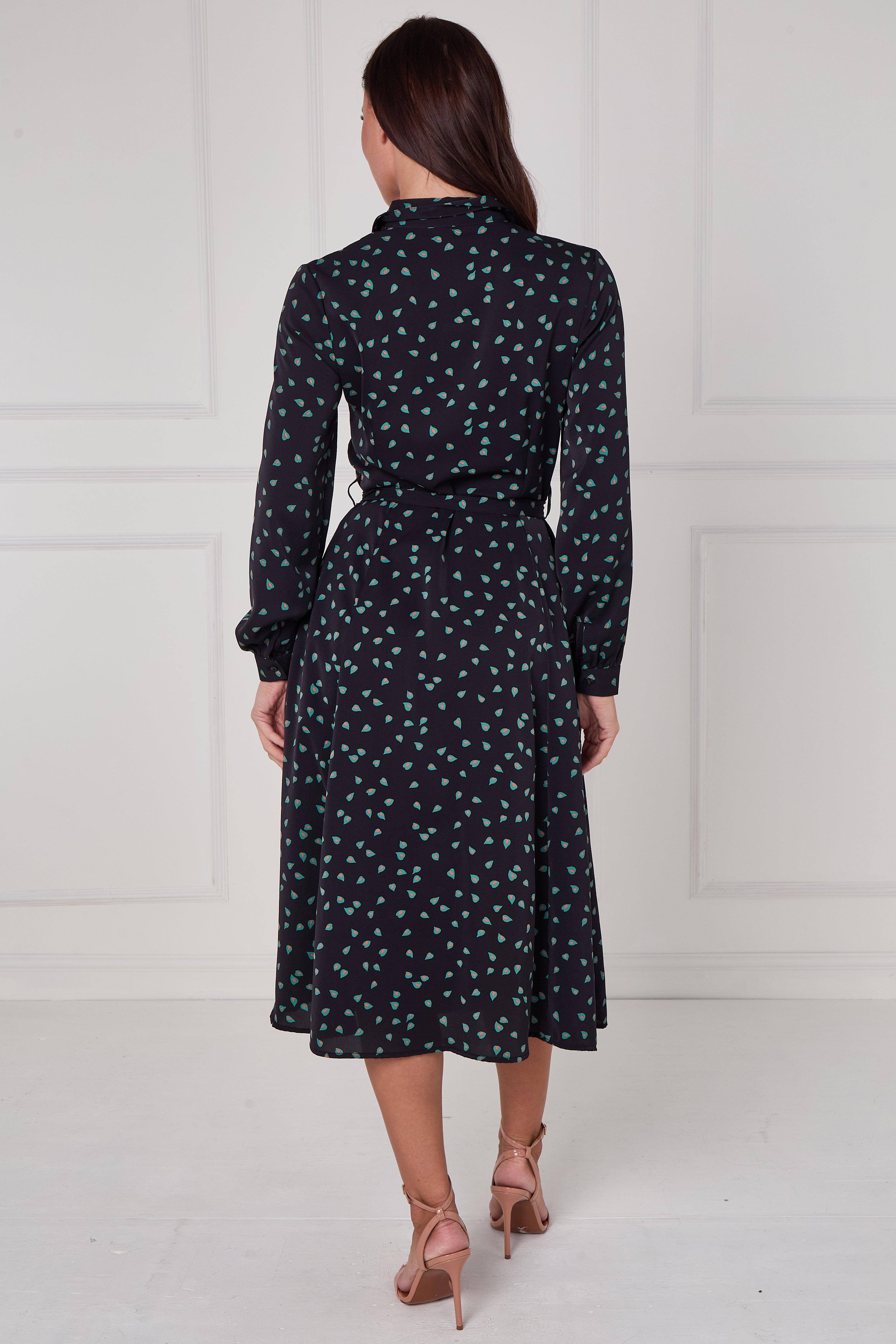 8Pcs Black Teal Abstract Petal Print Midi Shirt Dress