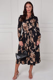 8Pcs Black Mocha Statement Floral Midi Shirt Dress