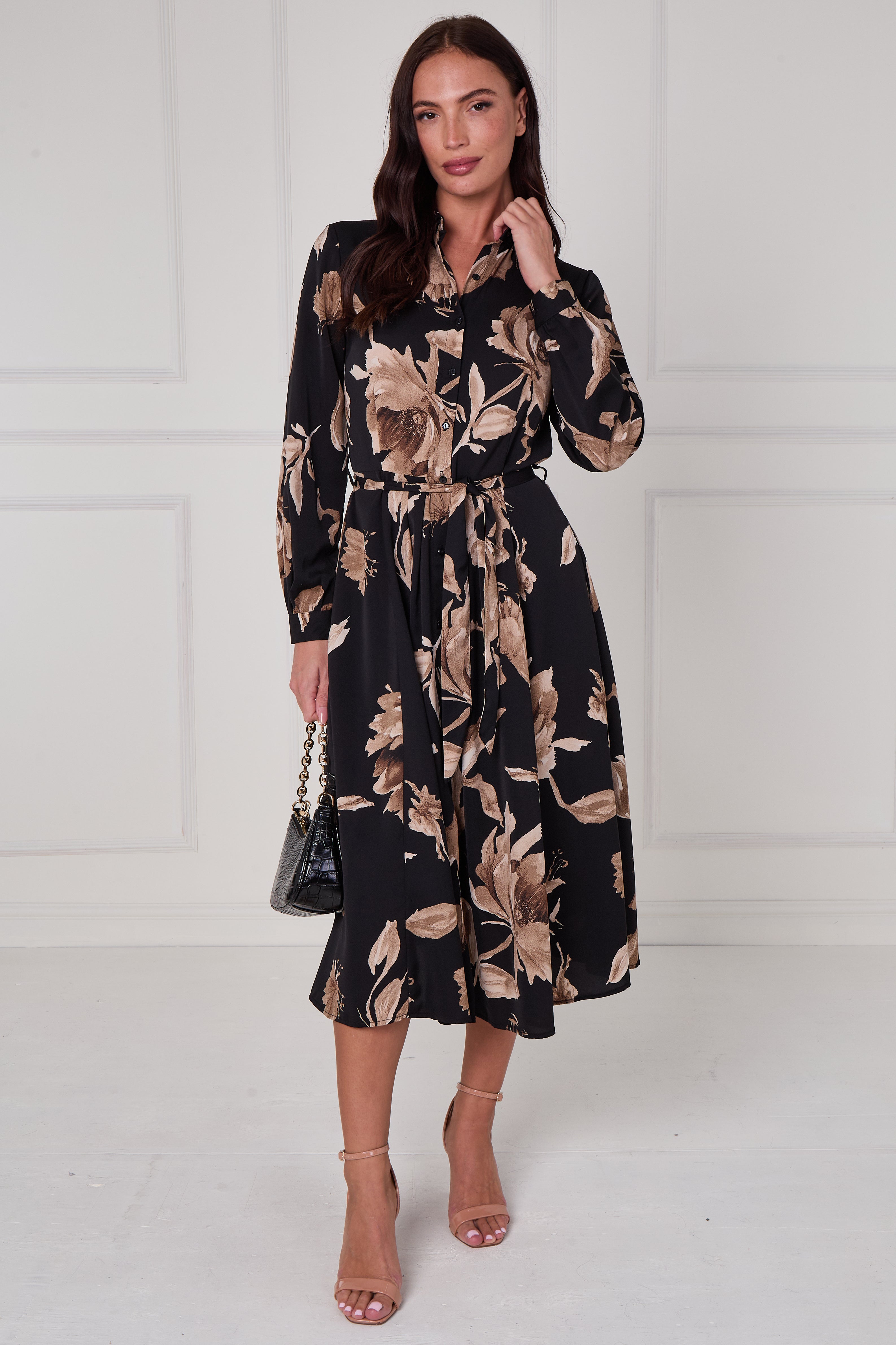 8Pcs Black Mocha Statement Floral Midi Shirt Dress