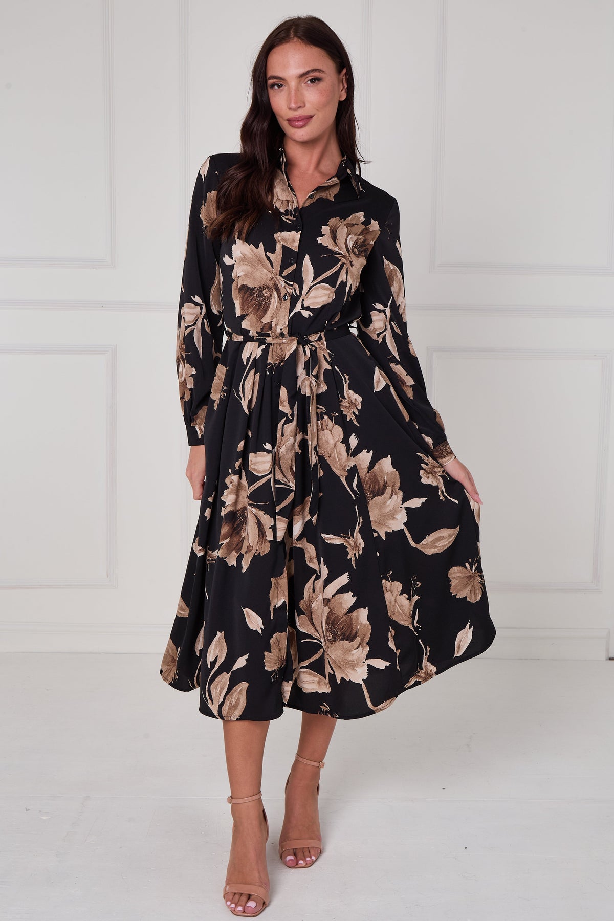 8Pcs Black Mocha Statement Floral Midi Shirt Dress