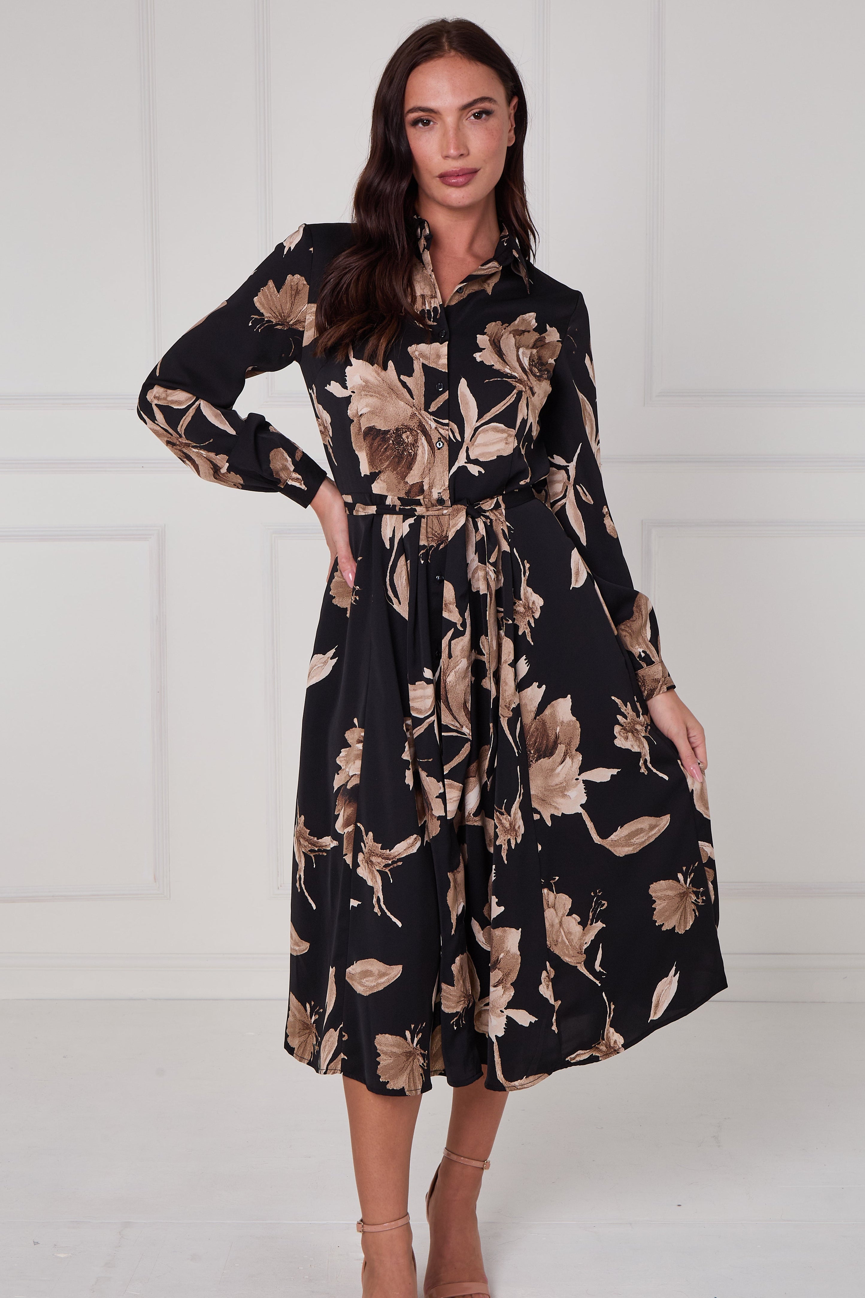 8Pcs Black Mocha Statement Floral Midi Shirt Dress