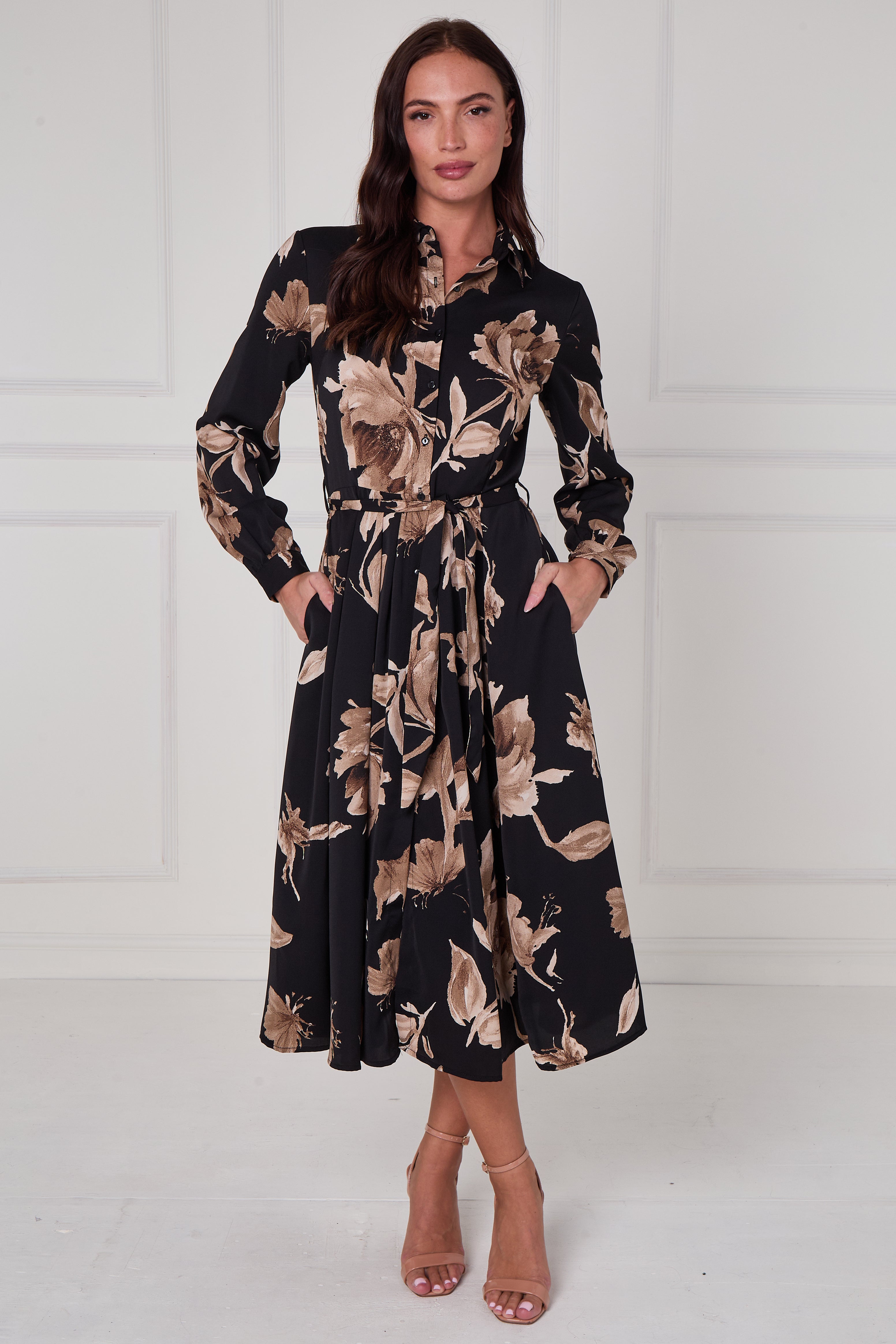 8Pcs Black Mocha Statement Floral Midi Shirt Dress