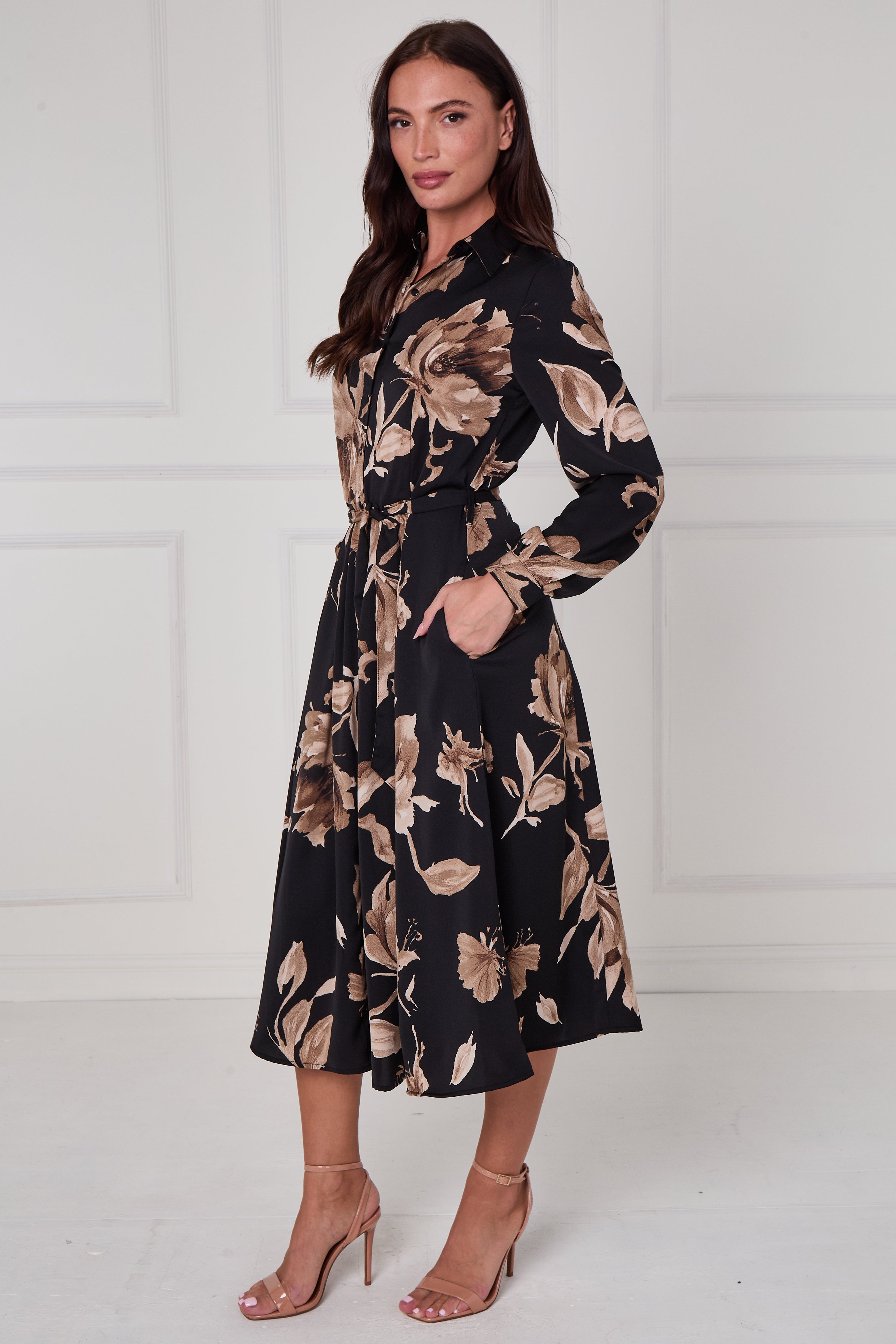 8Pcs Black Mocha Statement Floral Midi Shirt Dress