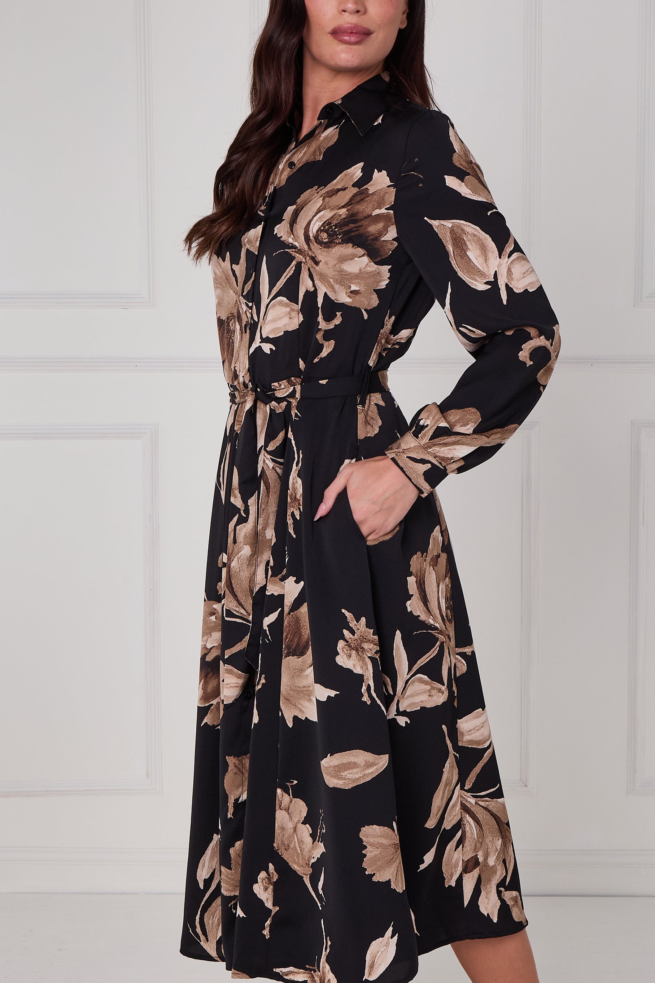8Pcs Black Mocha Statement Floral Midi Shirt Dress