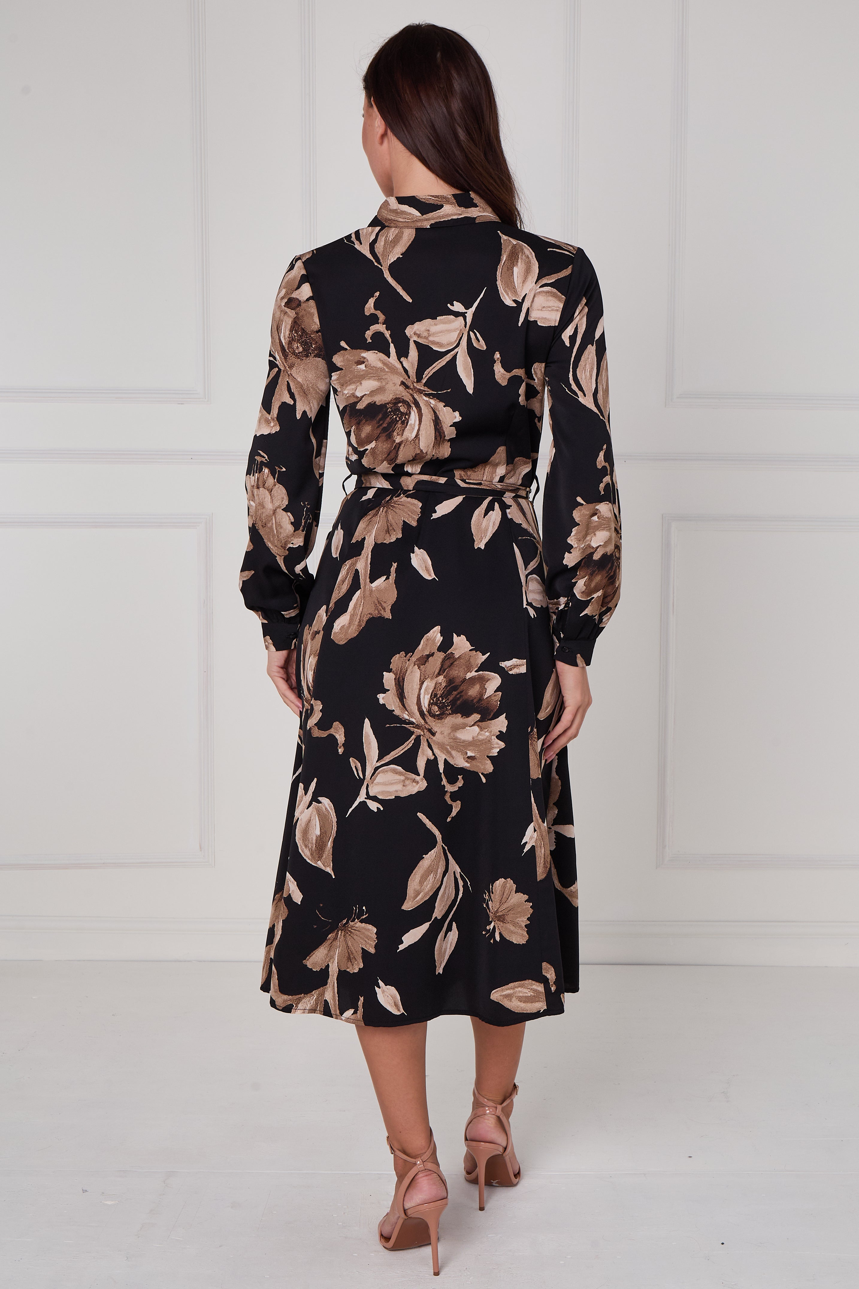 8Pcs Black Mocha Statement Floral Midi Shirt Dress
