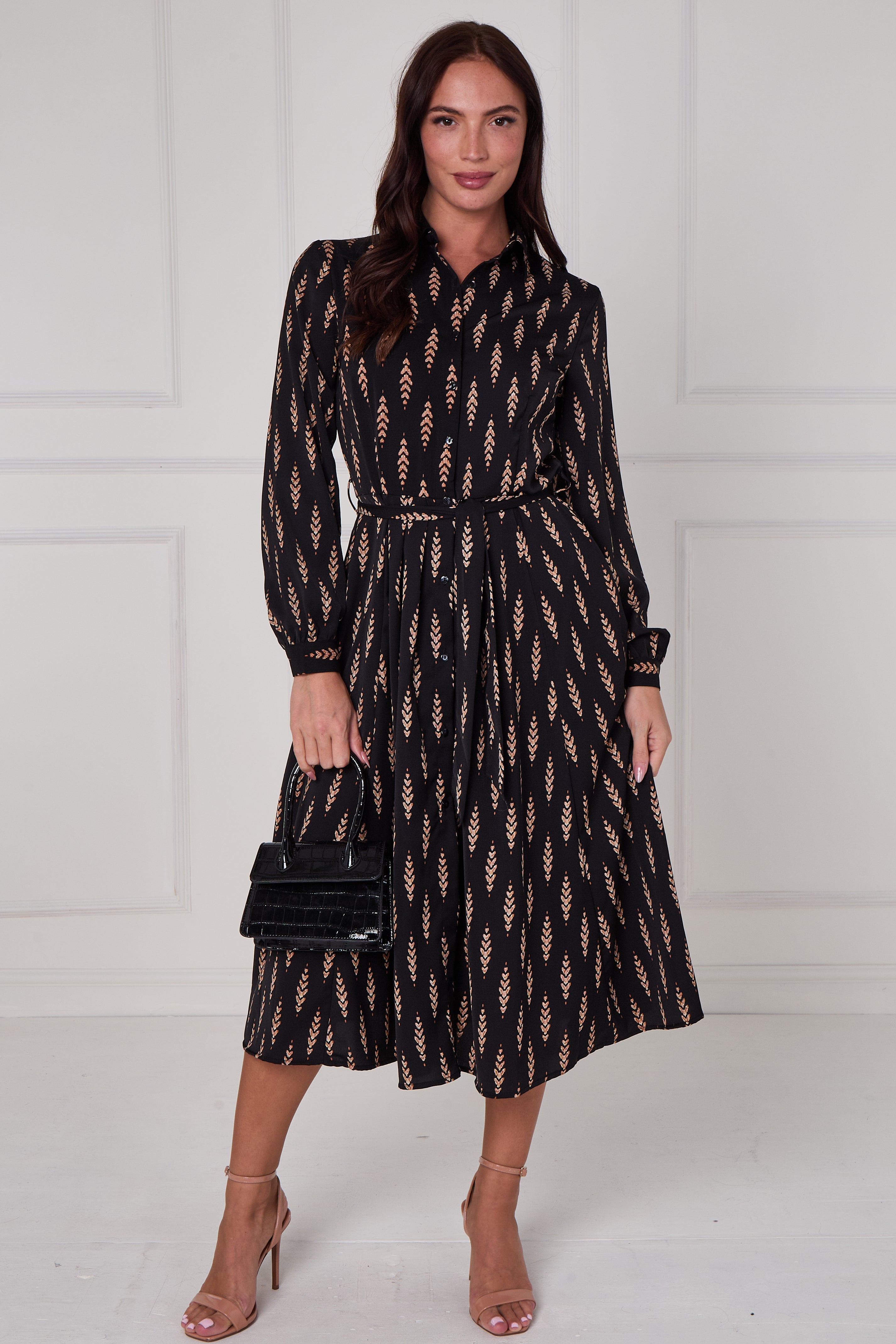 8Pcs Black Camel Chevron Petal Midi Shirt Dress