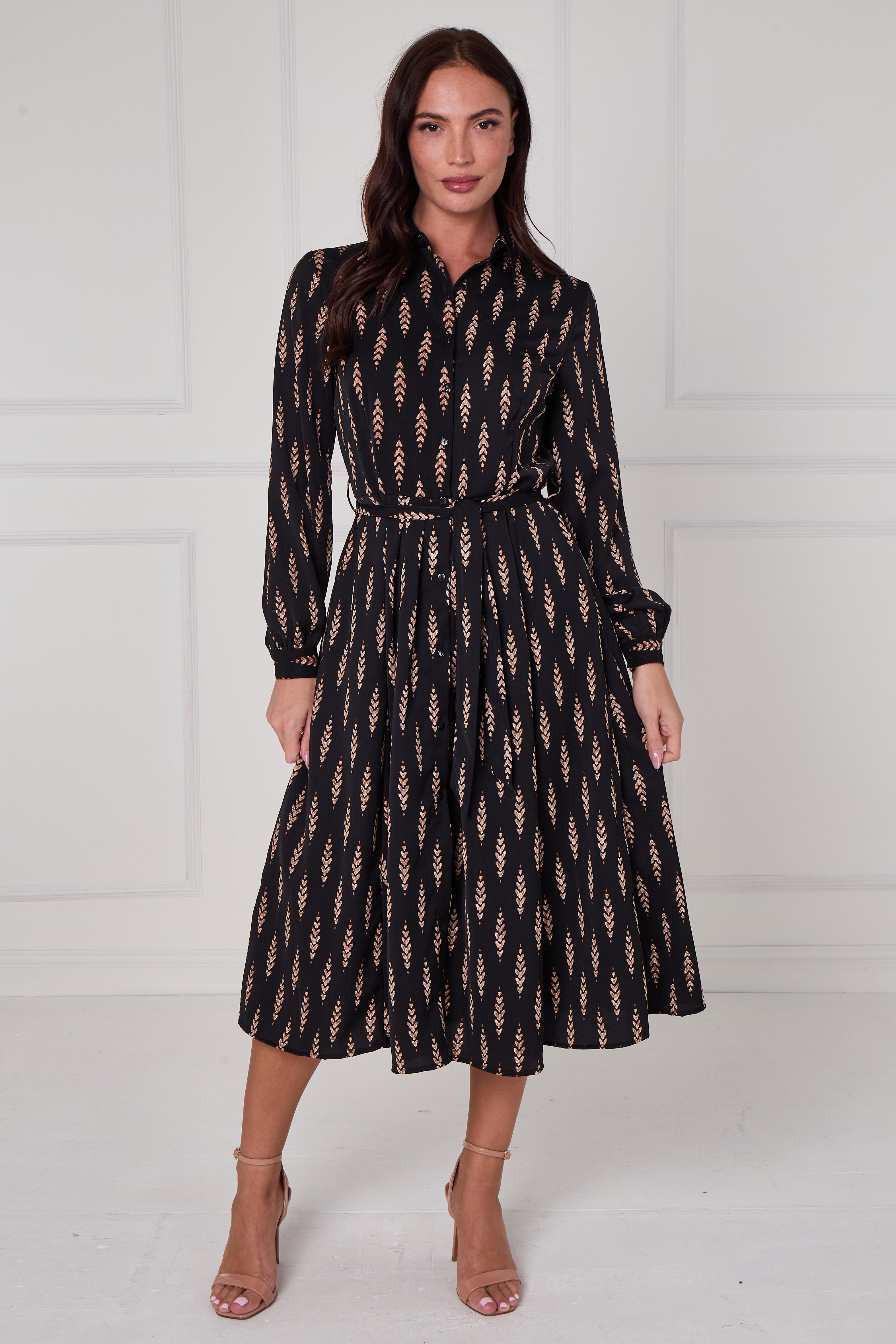 8Pcs Black Camel Chevron Petal Midi Shirt Dress