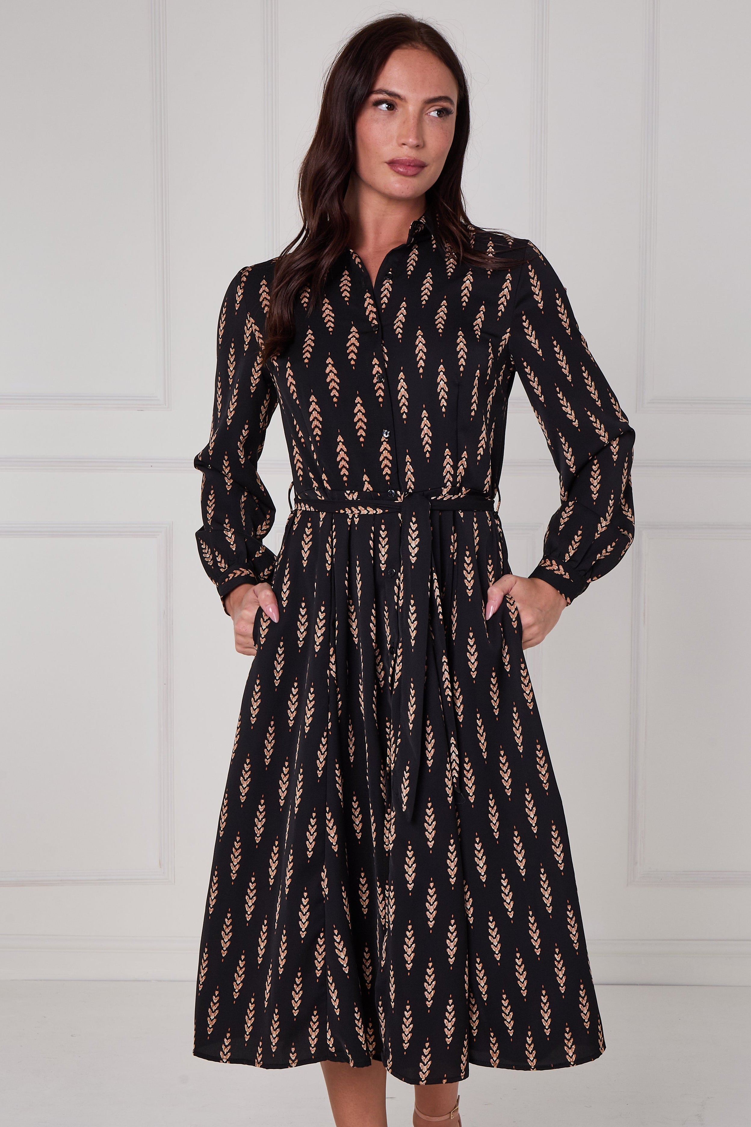 8Pcs Black Camel Chevron Petal Midi Shirt Dress