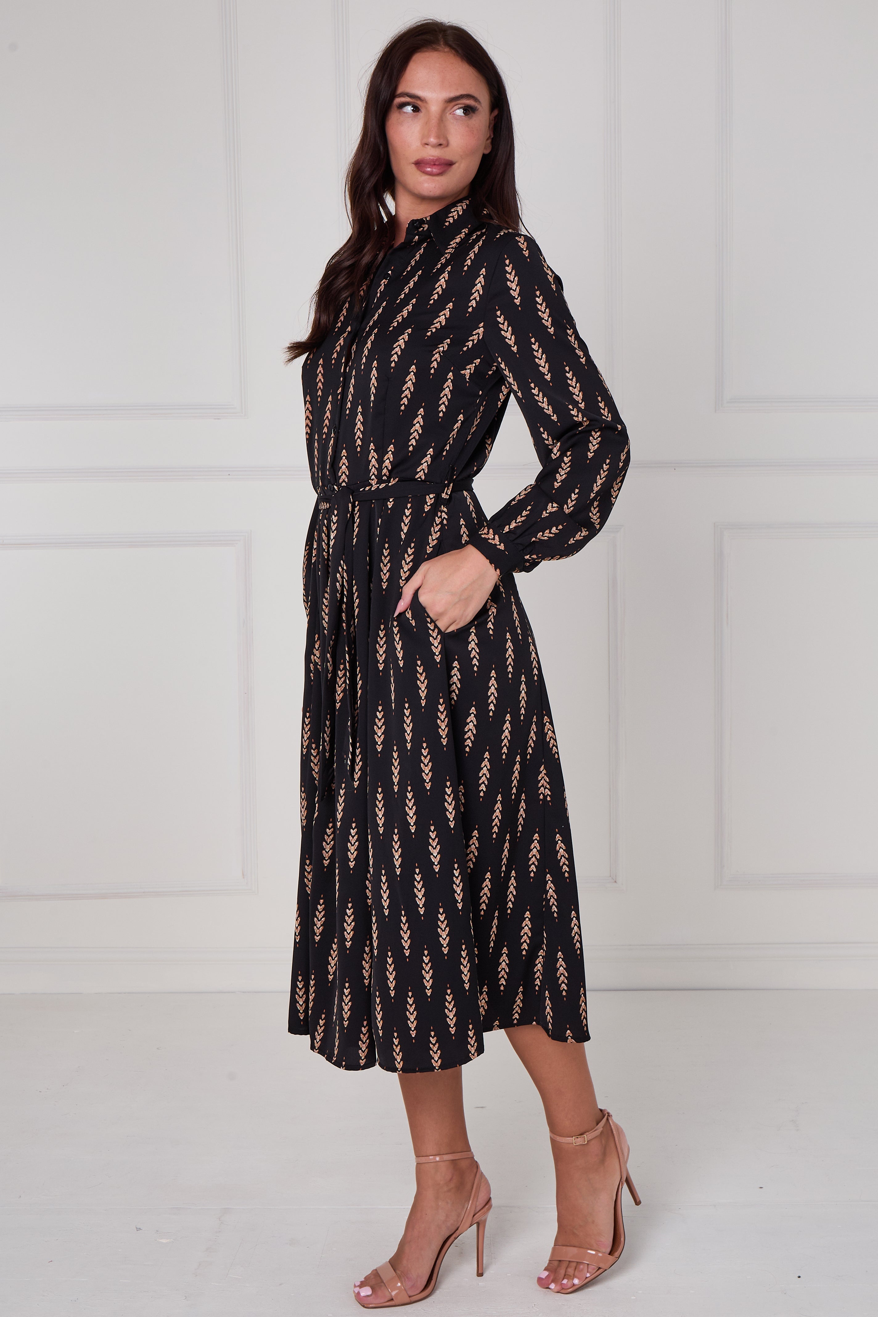 8Pcs Black Camel Chevron Petal Midi Shirt Dress
