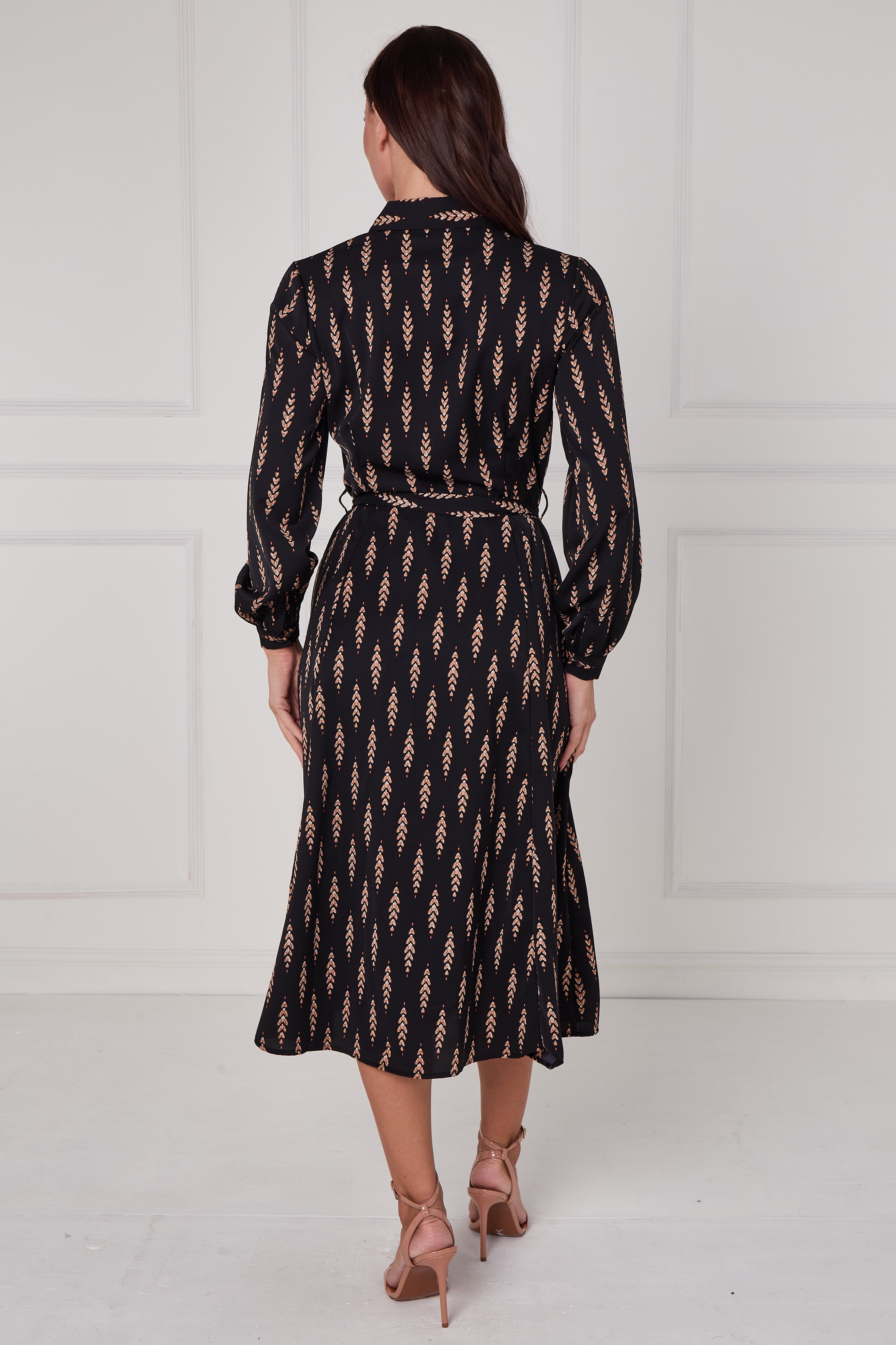 8Pcs Black Camel Chevron Petal Midi Shirt Dress