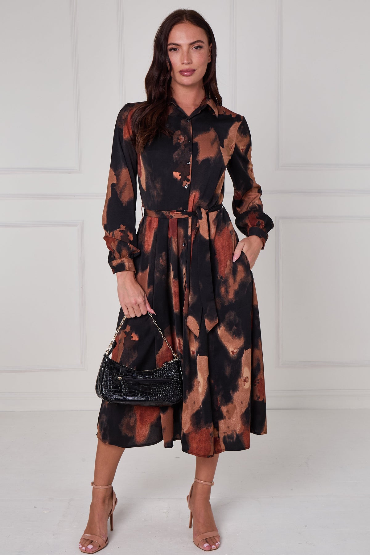 8Pcs Brown Abstract Print Midi Shirt Dress