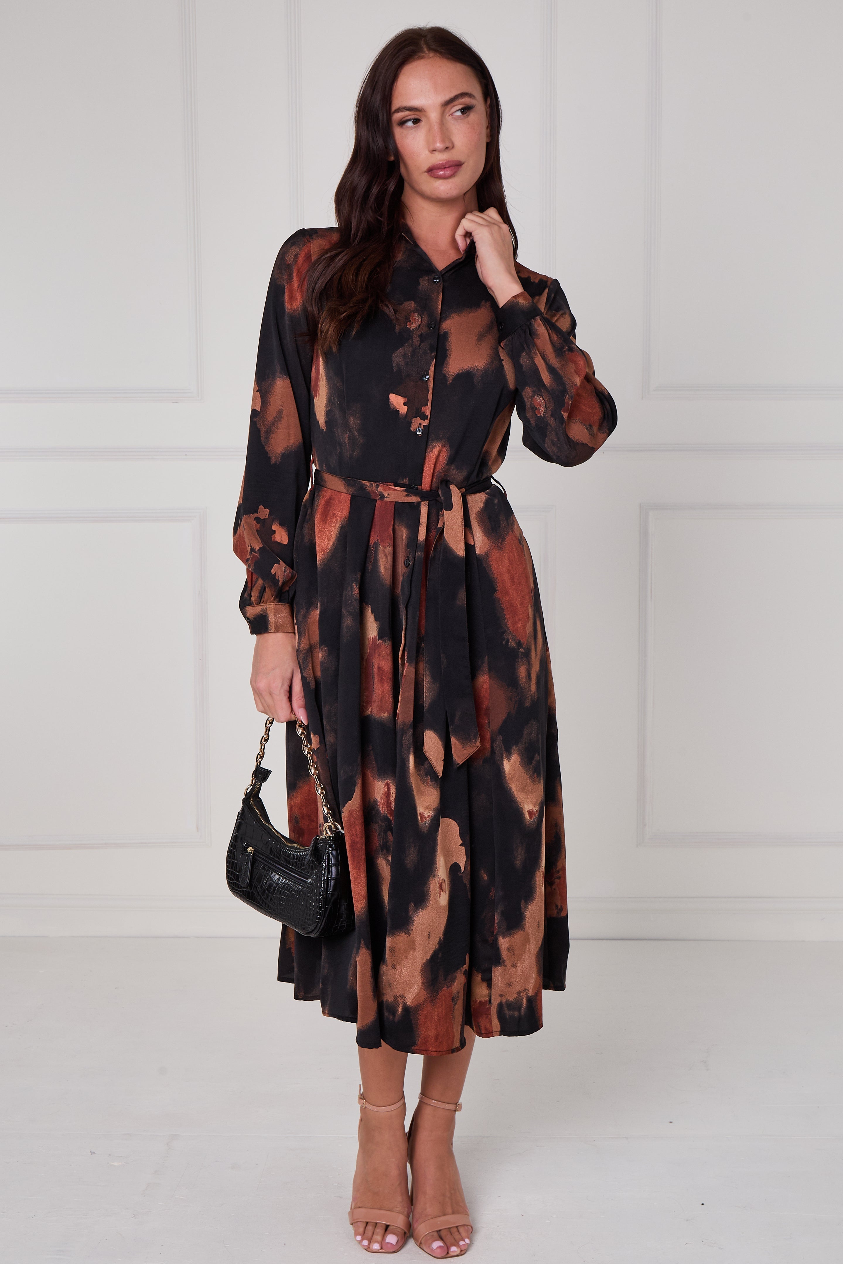 8Pcs Brown Abstract Print Midi Shirt Dress