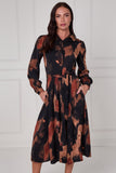 8Pcs Brown Abstract Print Midi Shirt Dress
