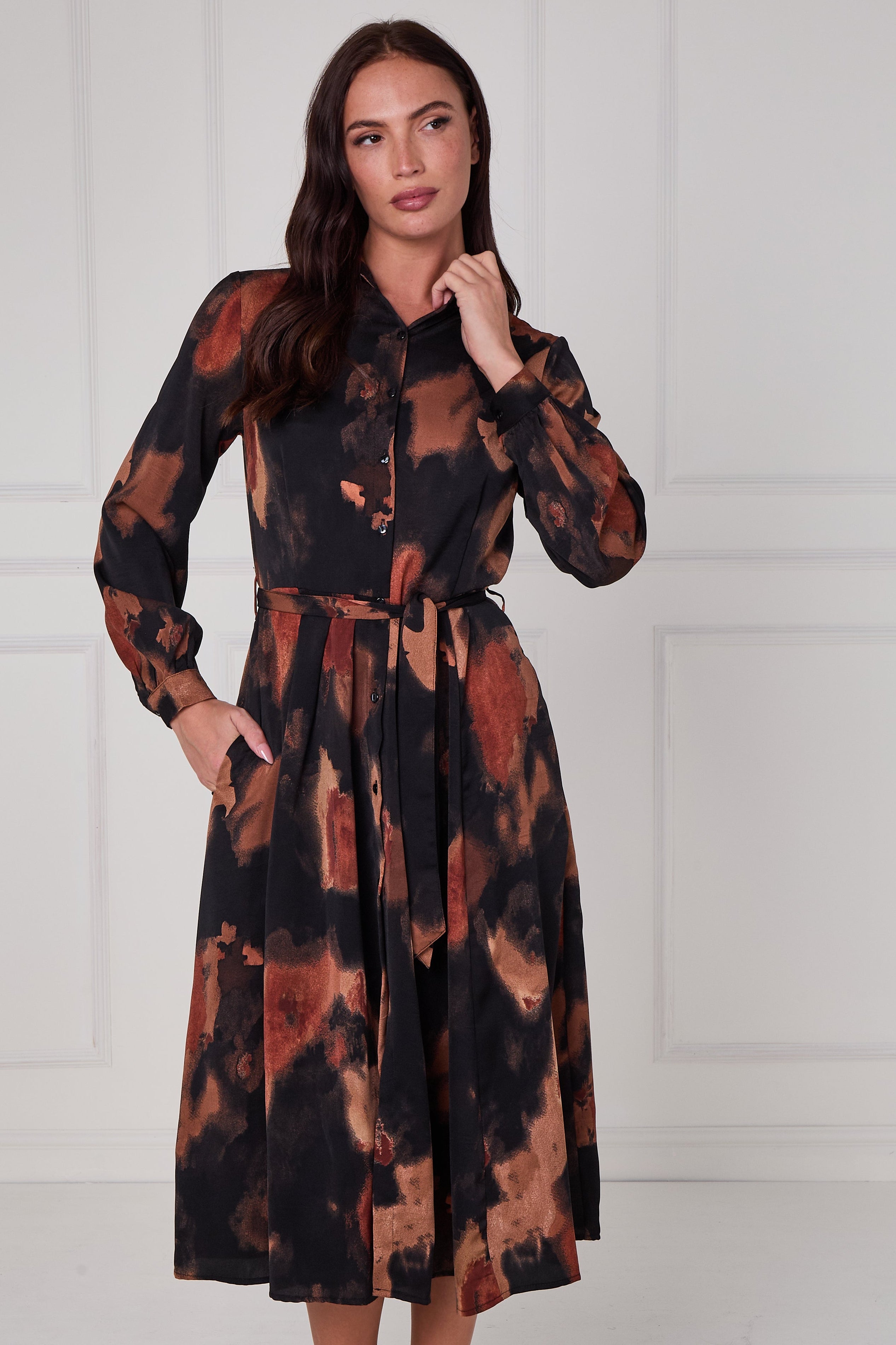 8Pcs Brown Abstract Print Midi Shirt Dress