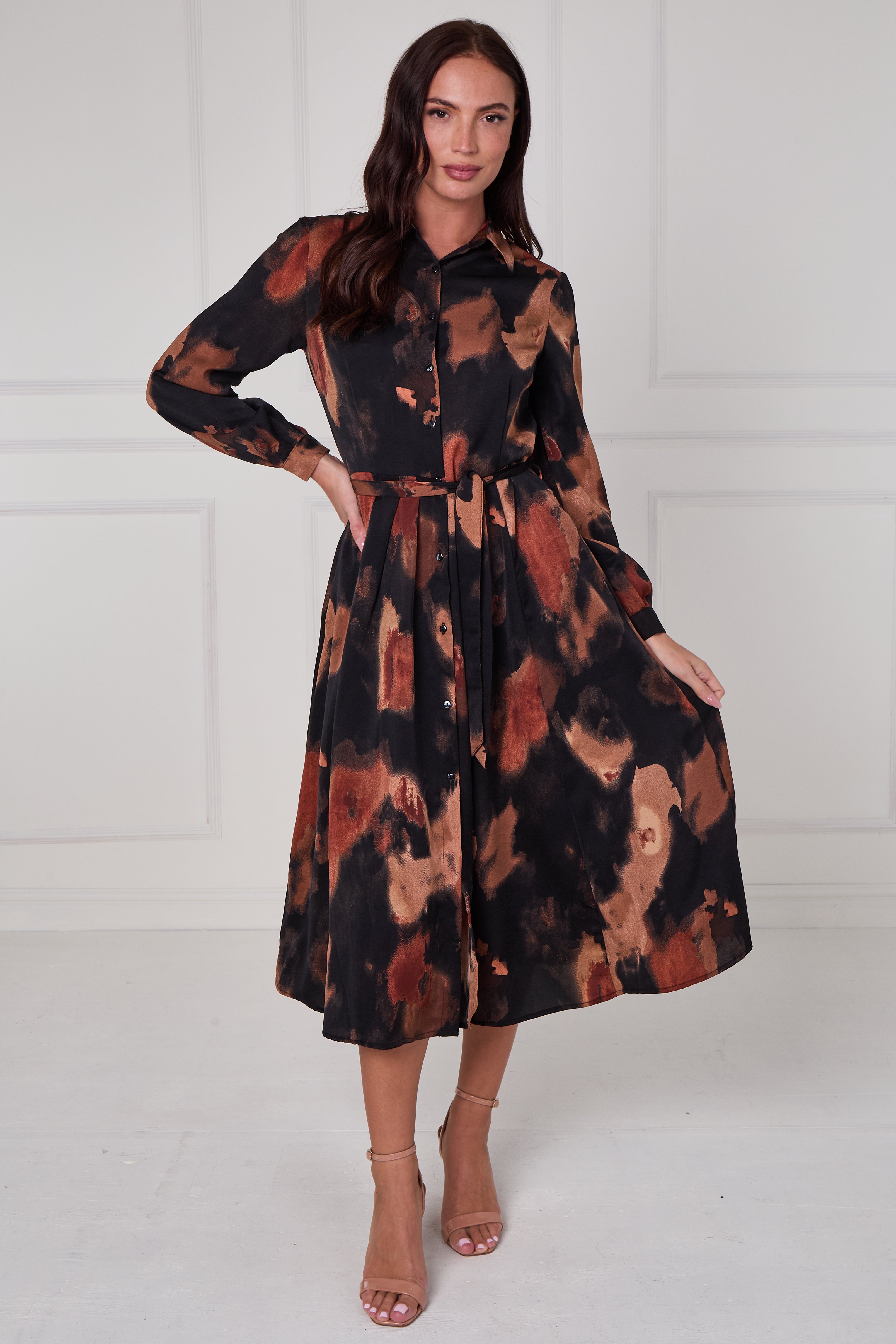 8Pcs Brown Abstract Print Midi Shirt Dress