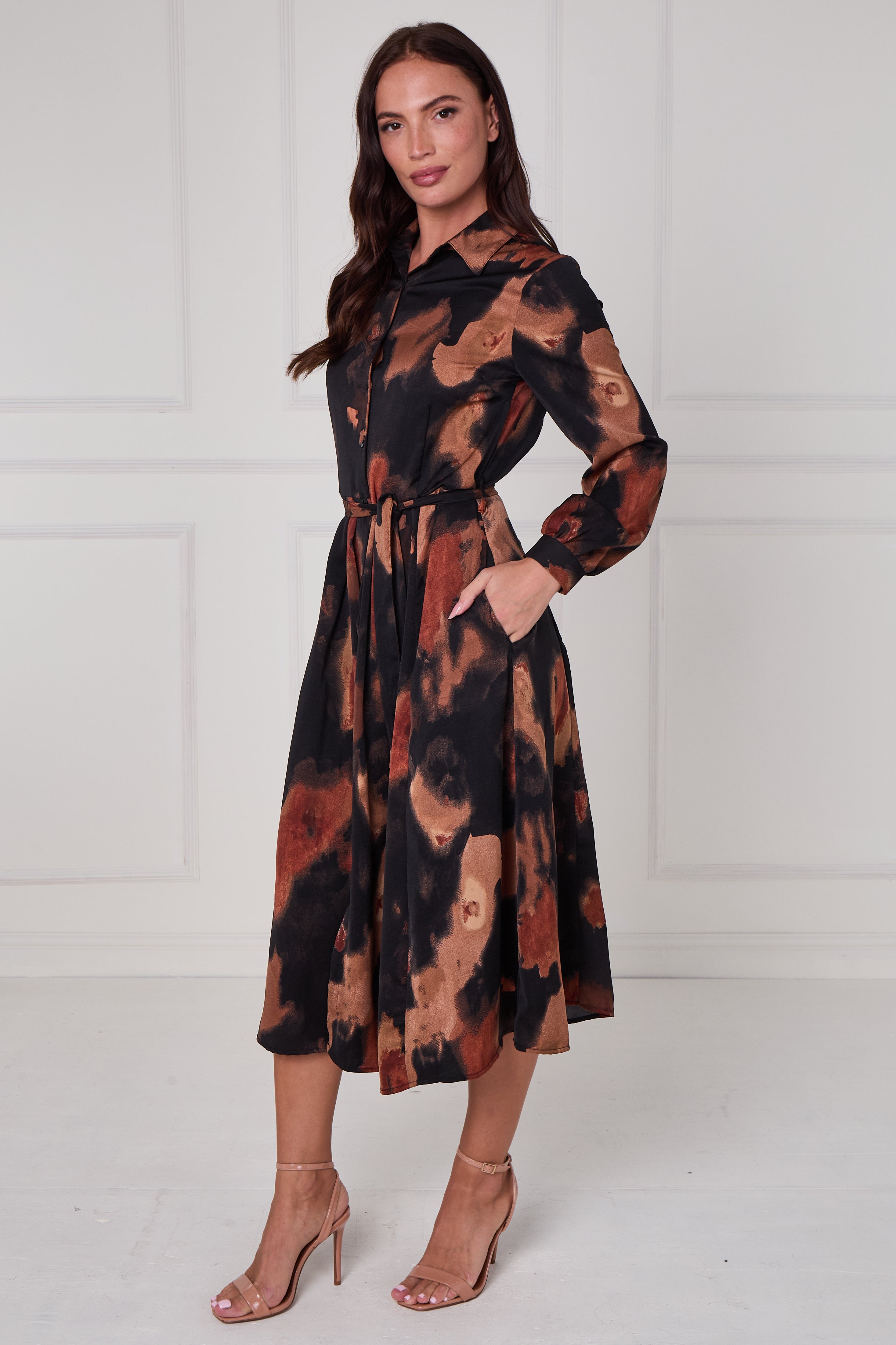8Pcs Brown Abstract Print Midi Shirt Dress