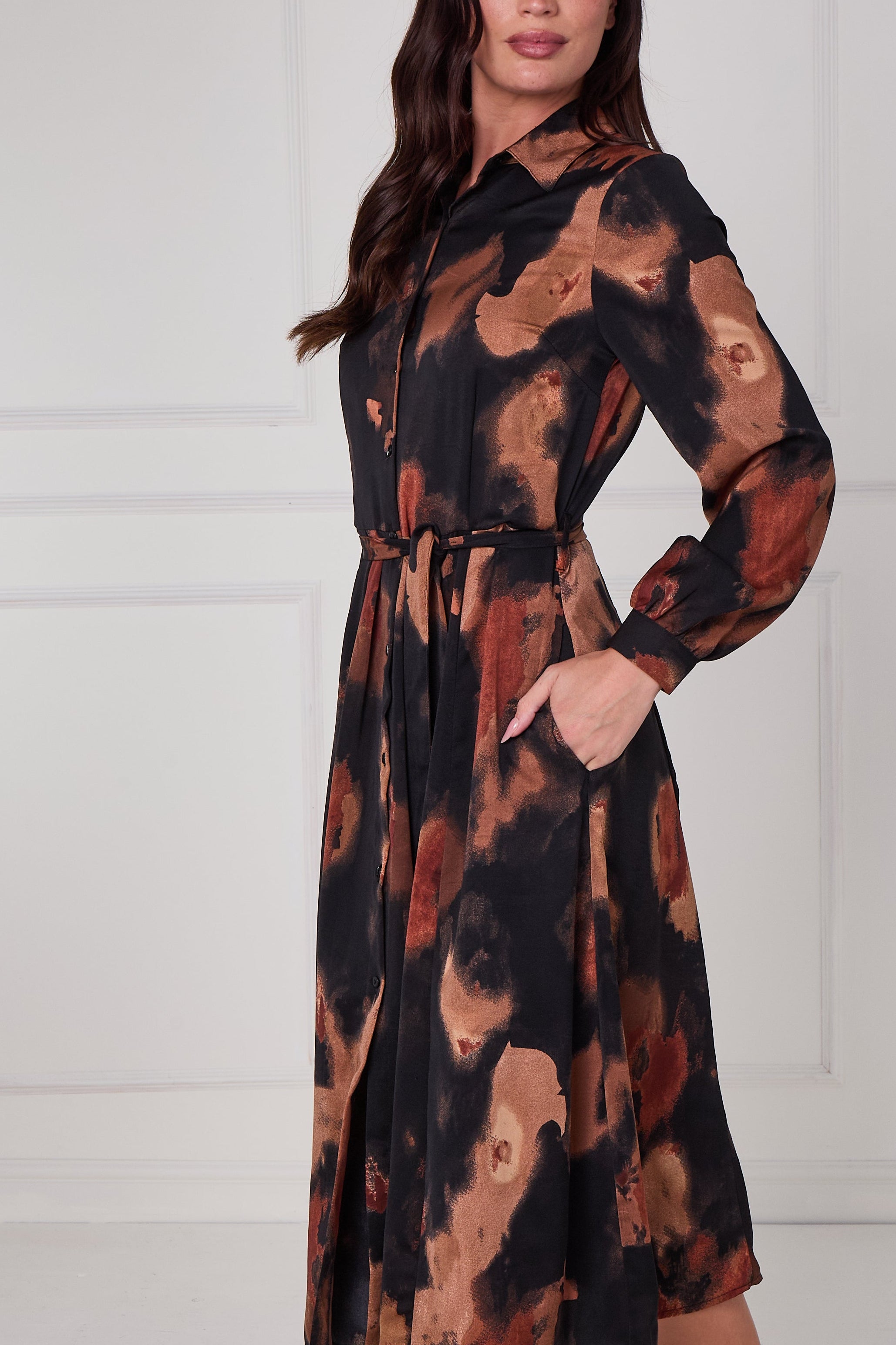 8Pcs Brown Abstract Print Midi Shirt Dress