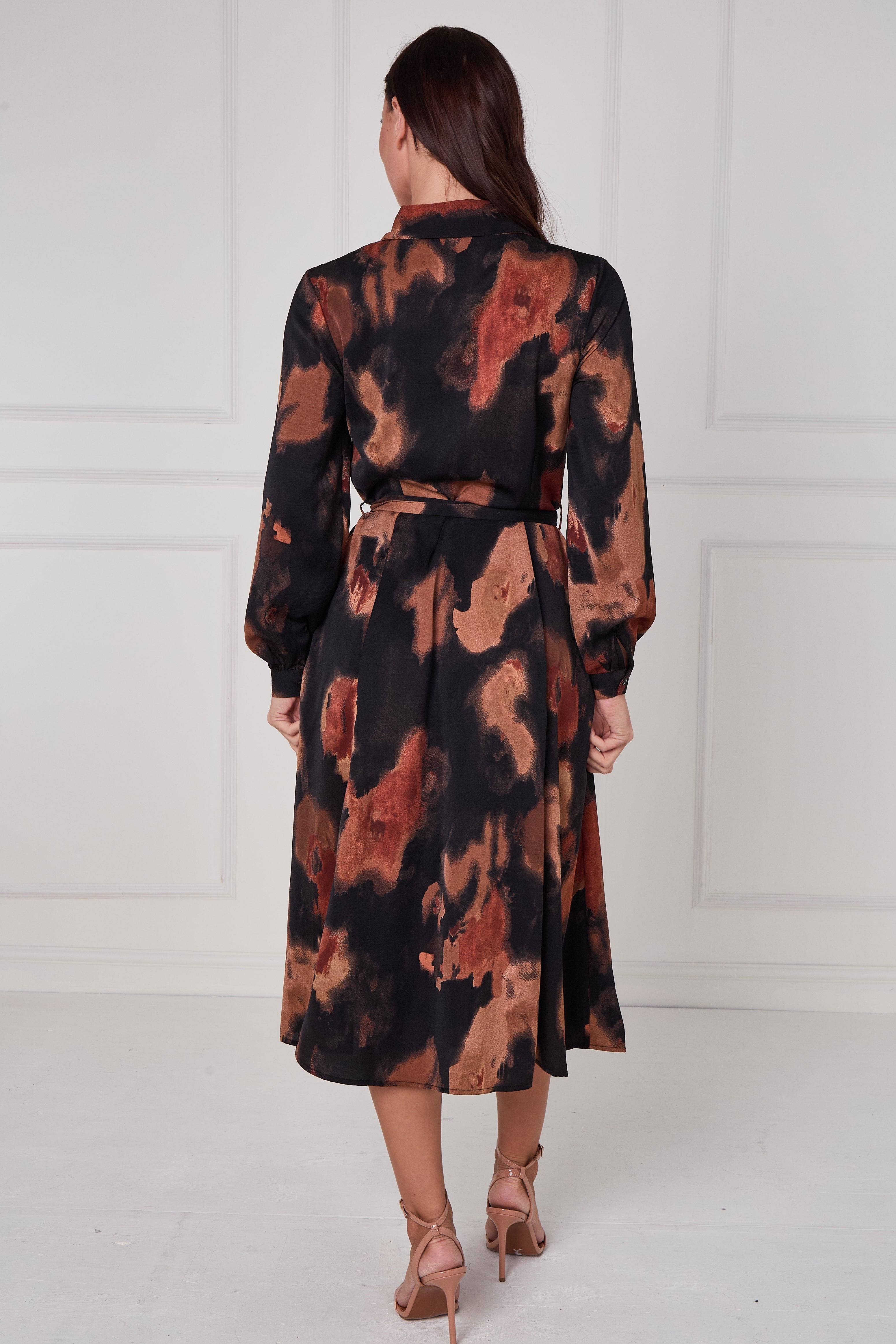 8Pcs Brown Abstract Print Midi Shirt Dress