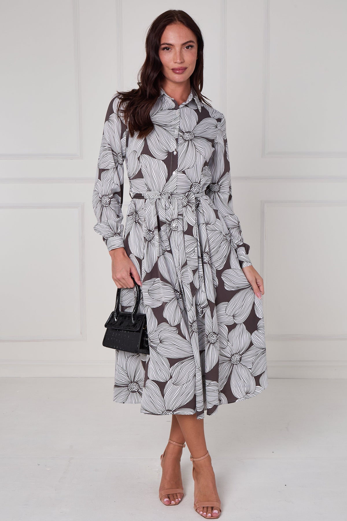 8Pcs Taupe Oversized Floral Line Print Midi Shirt Dress