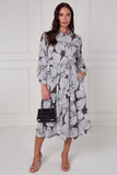 8Pcs Taupe Oversized Floral Line Print Midi Shirt Dress
