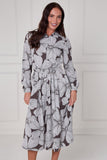 8Pcs Taupe Oversized Floral Line Print Midi Shirt Dress