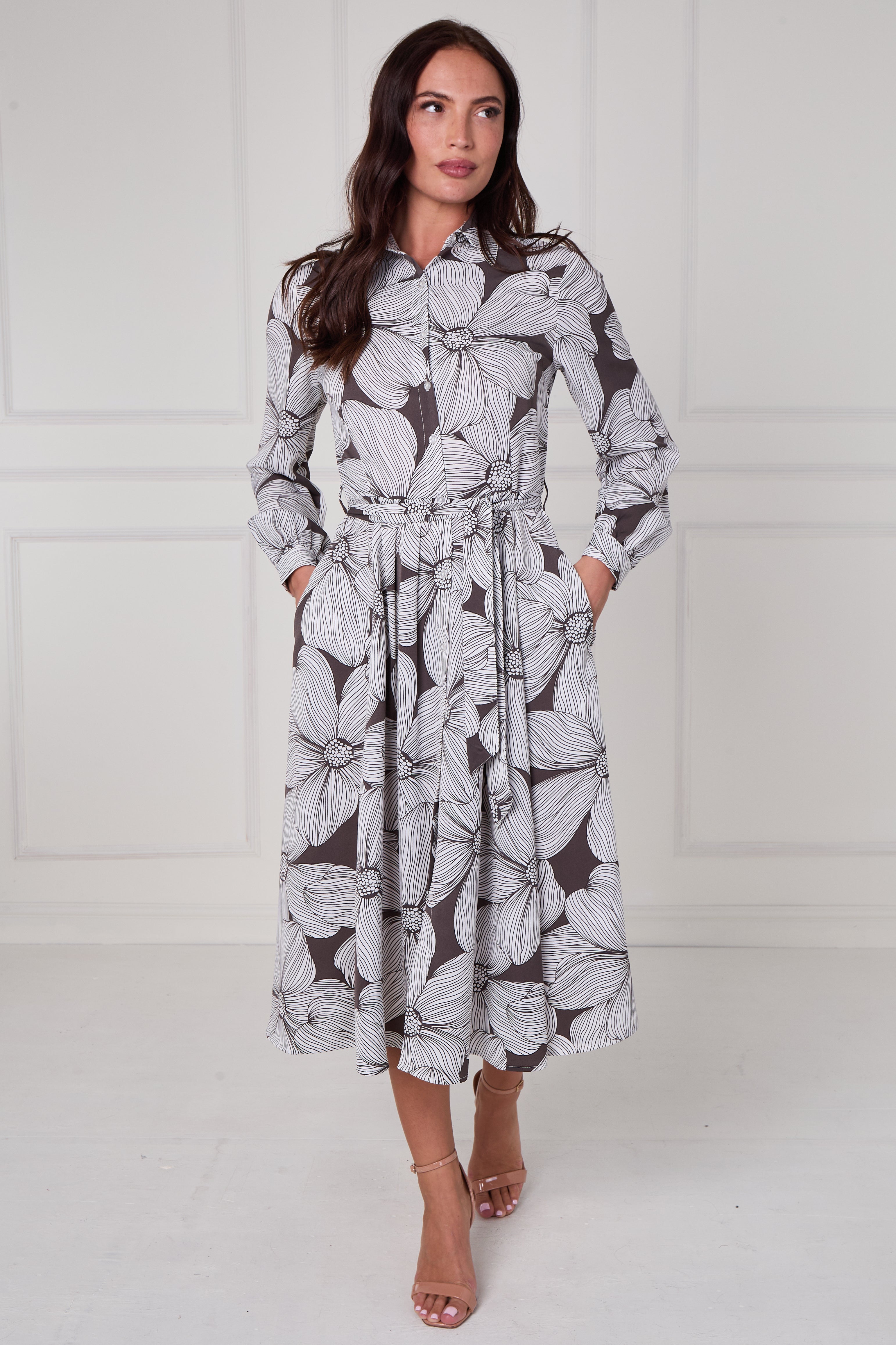 8Pcs Taupe Oversized Floral Line Print Midi Shirt Dress