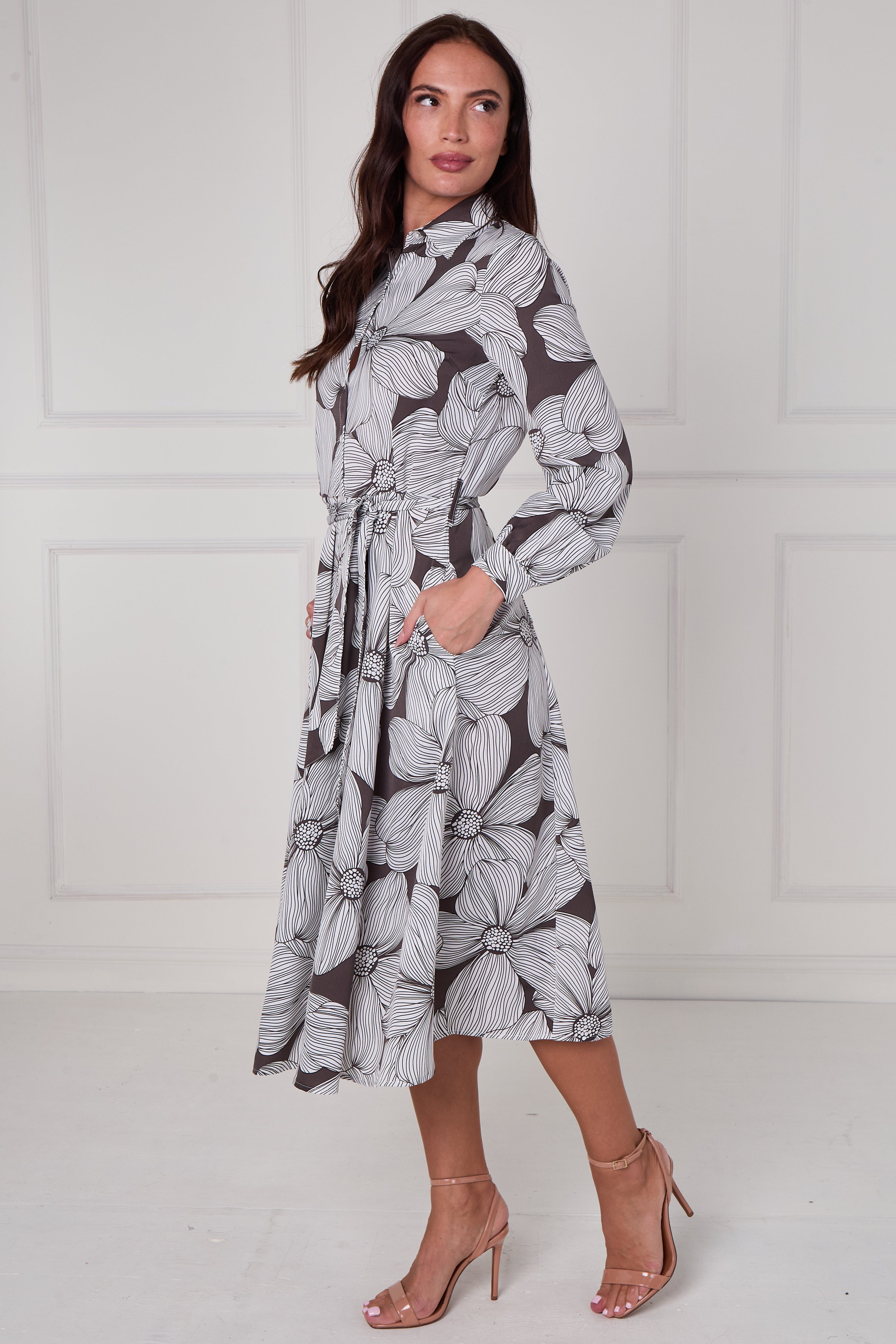 8Pcs Taupe Oversized Floral Line Print Midi Shirt Dress