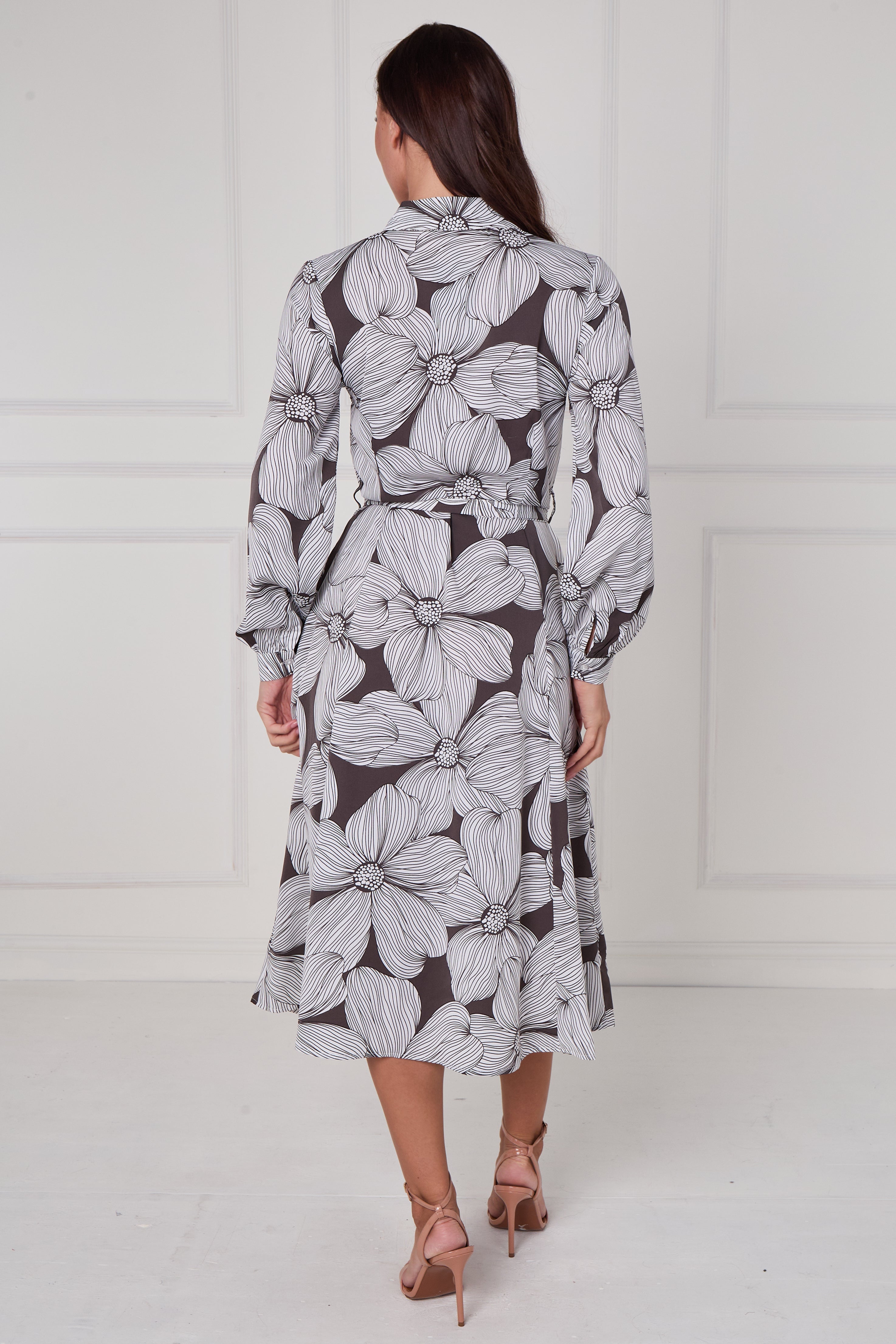 8Pcs Taupe Oversized Floral Line Print Midi Shirt Dress