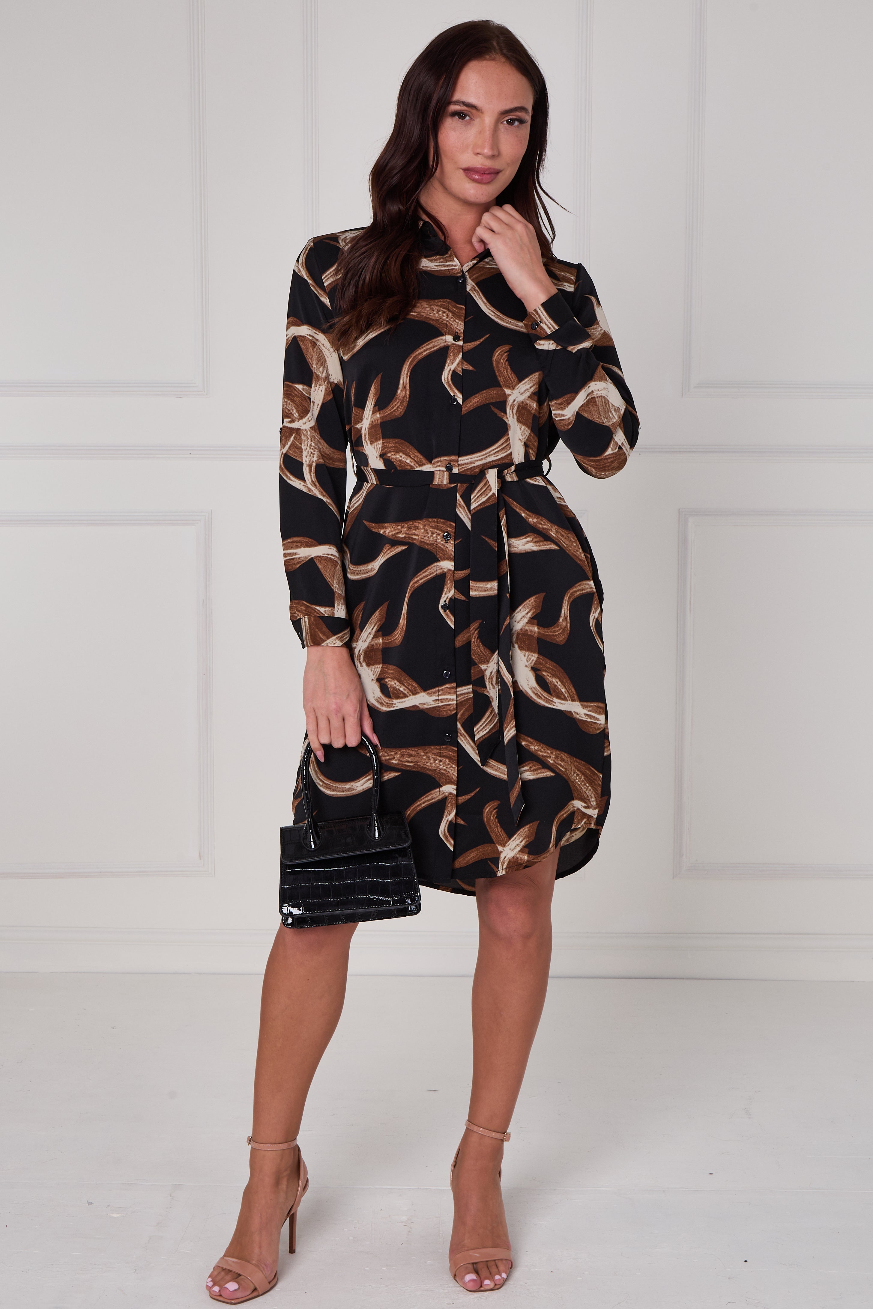 8Pcs Black and Cocoa Abstract Swirl Print Mini Shirt Dress