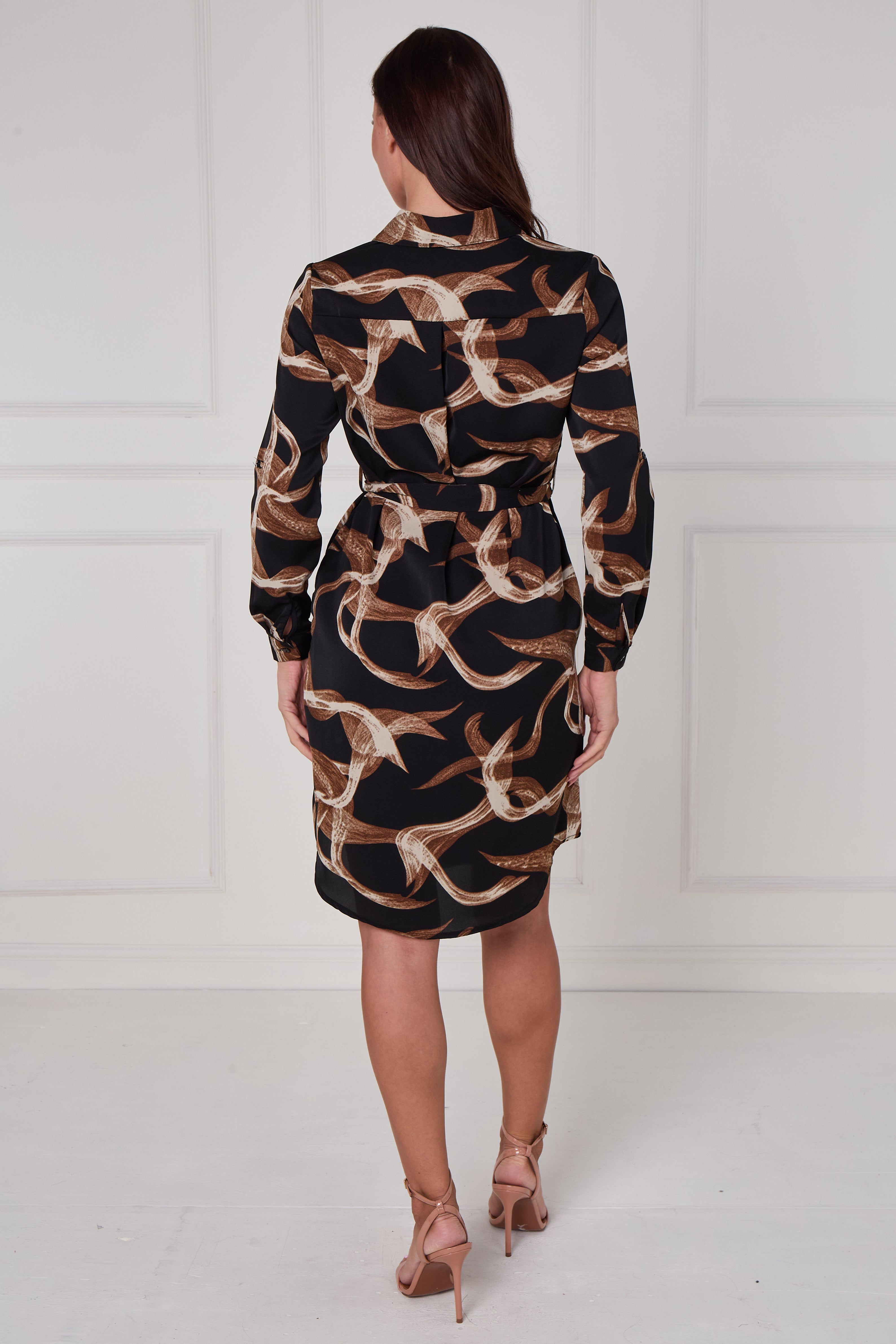 8Pcs Black and Cocoa Abstract Swirl Print Mini Shirt Dress