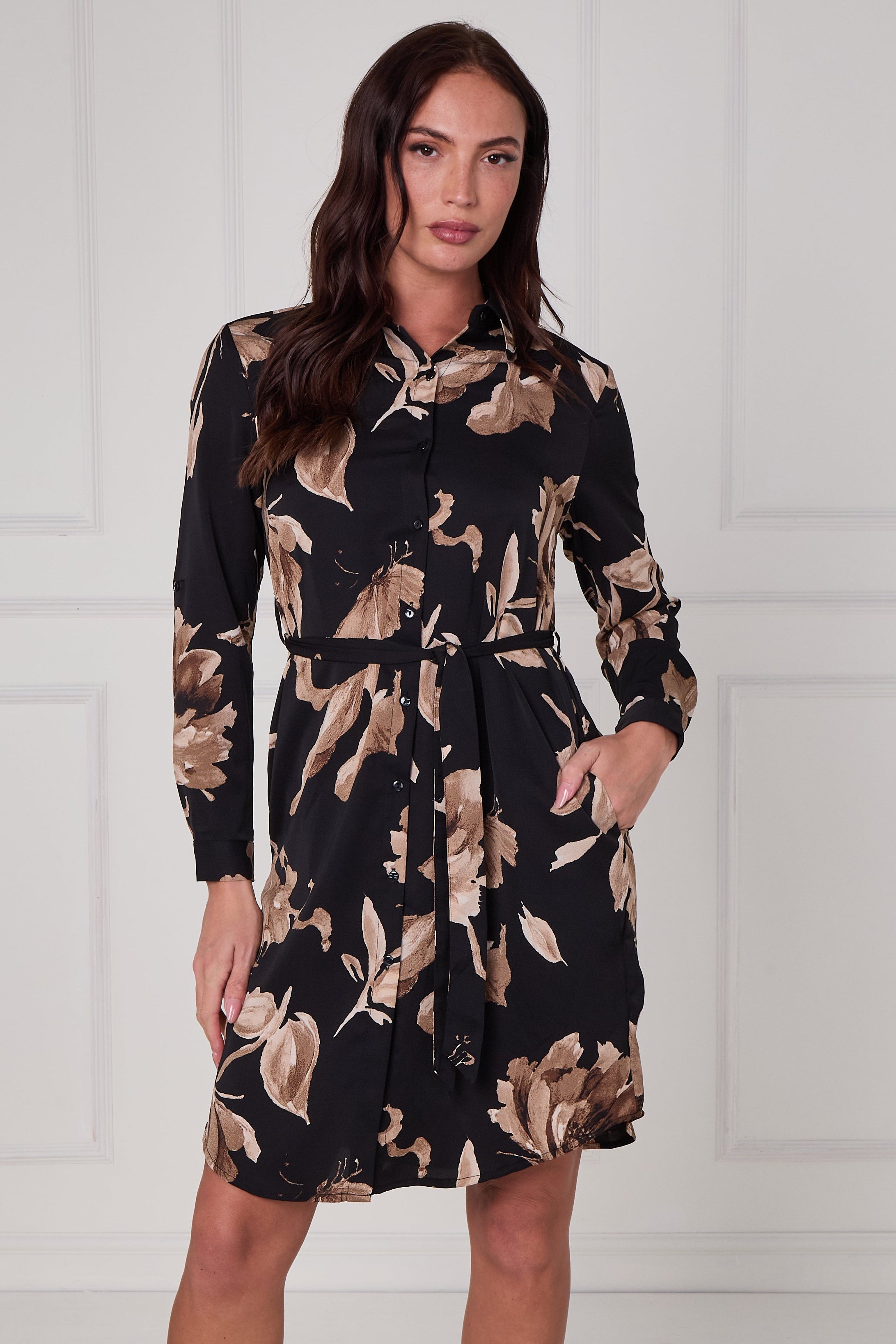 8Pcs Black Mocha Statement Floral Mini Shirt Dress