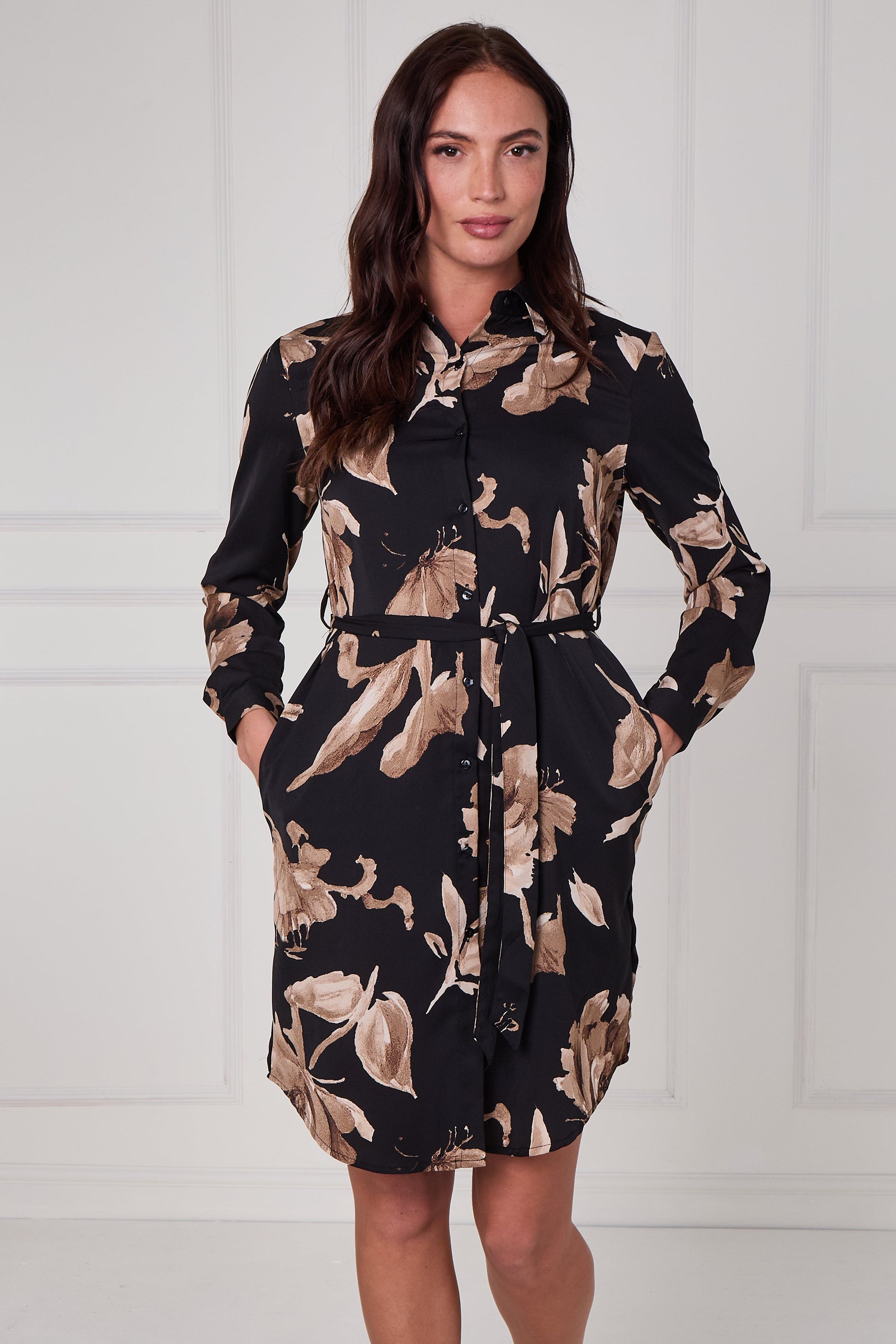 8Pcs Black Mocha Statement Floral Mini Shirt Dress