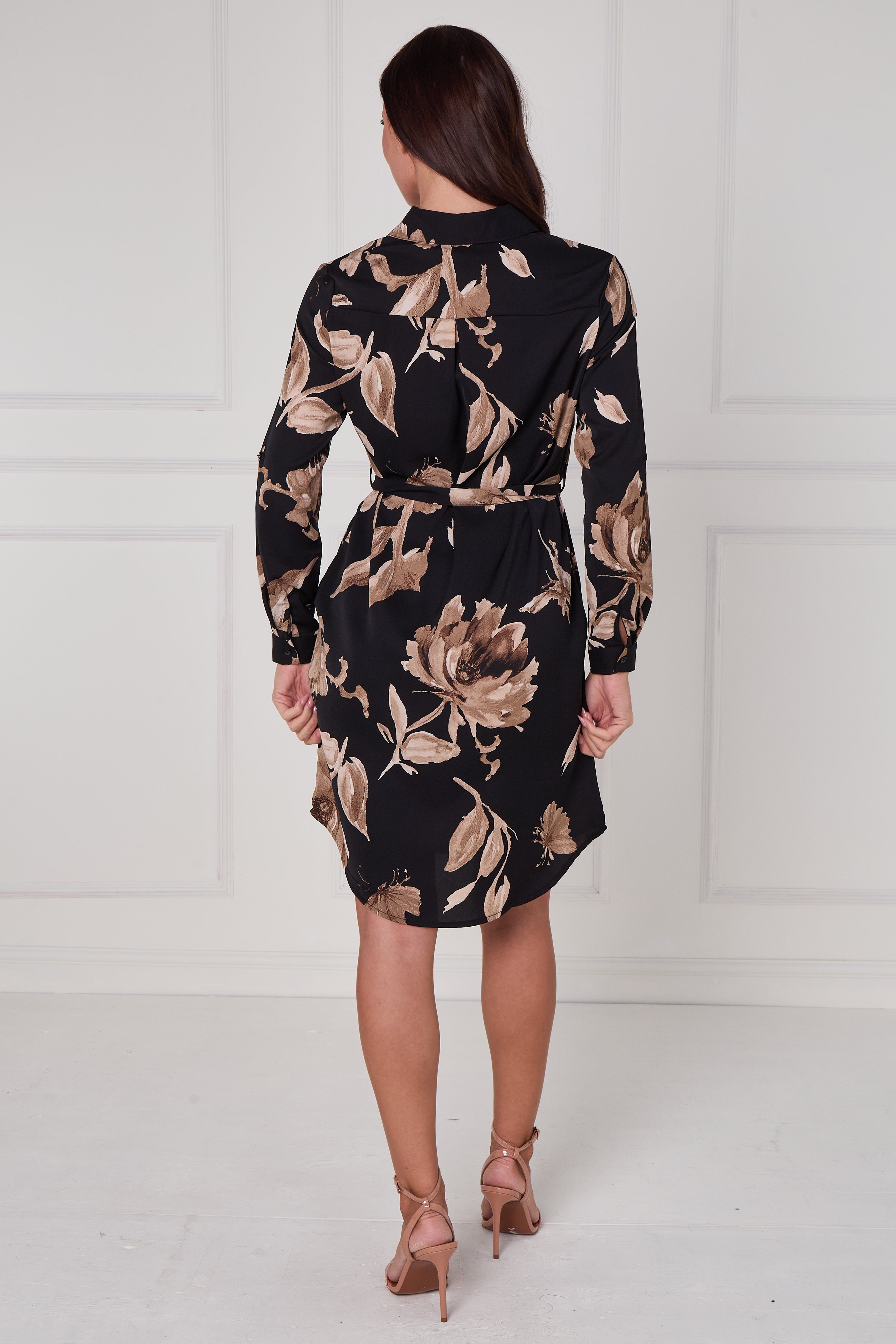 8Pcs Black Mocha Statement Floral Mini Shirt Dress