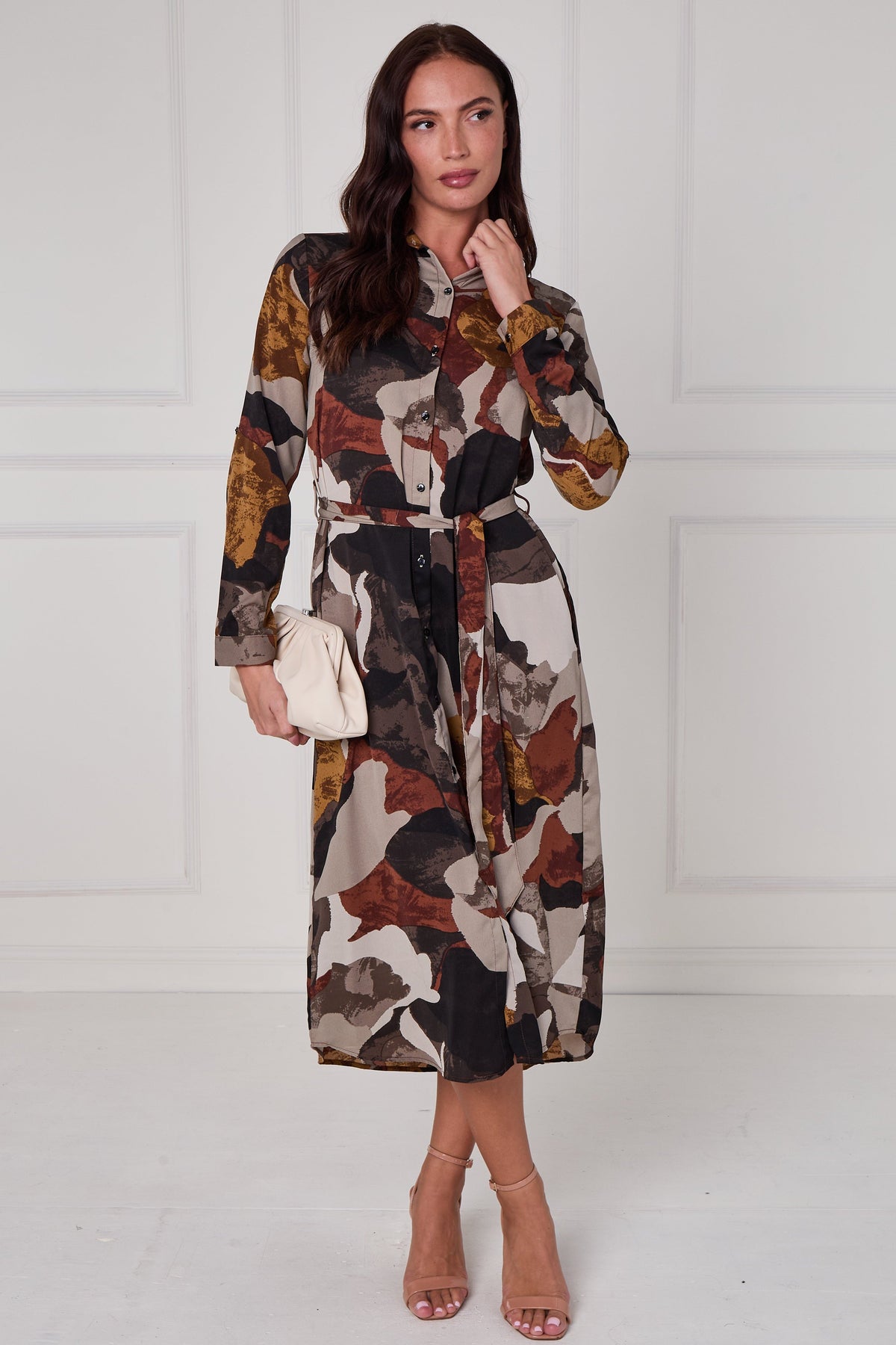 8Pcs Rust and Earth Abstract Flow Print Midi Shirt Dress