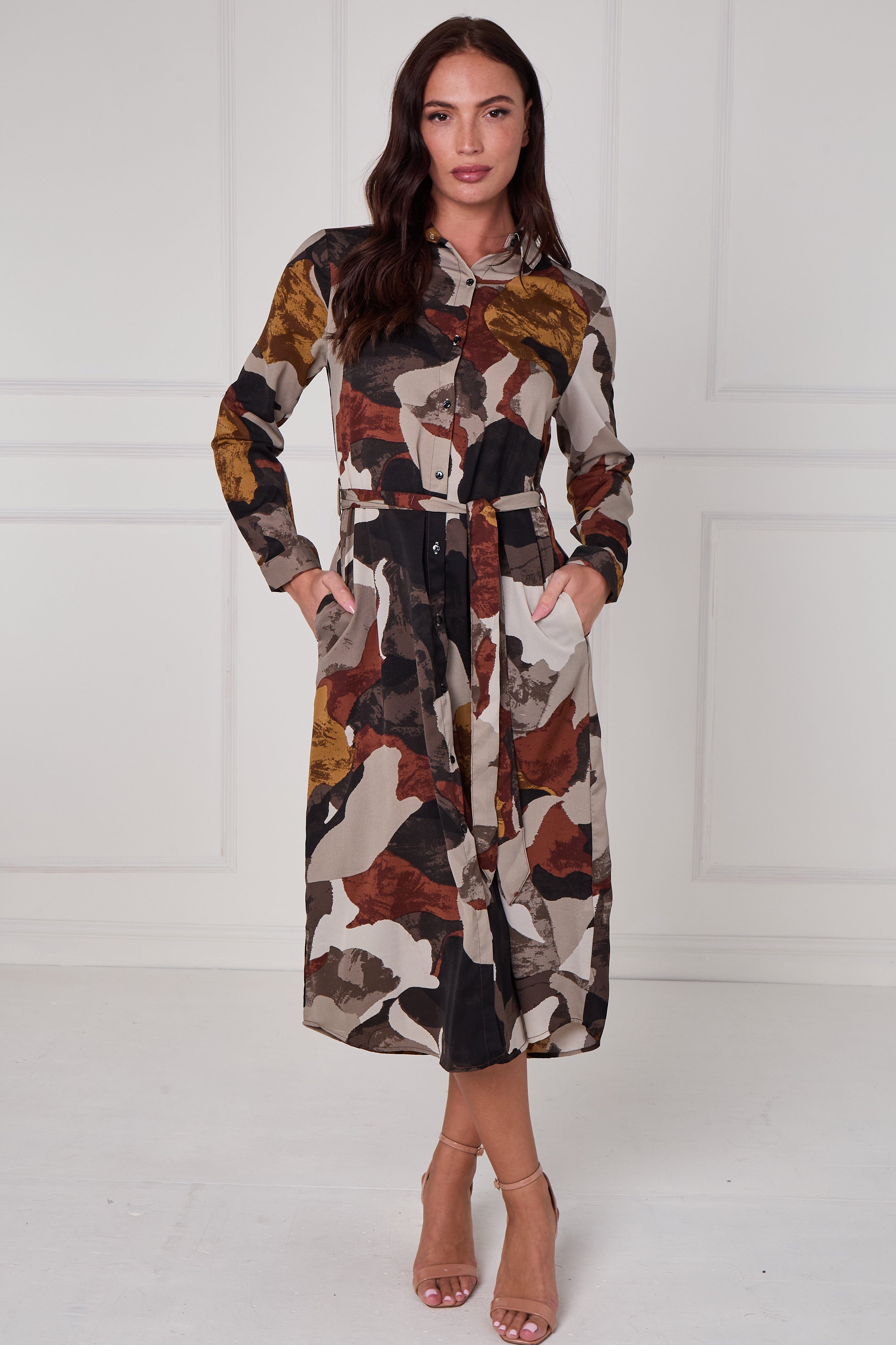 8Pcs Rust and Earth Abstract Flow Print Midi Shirt Dress