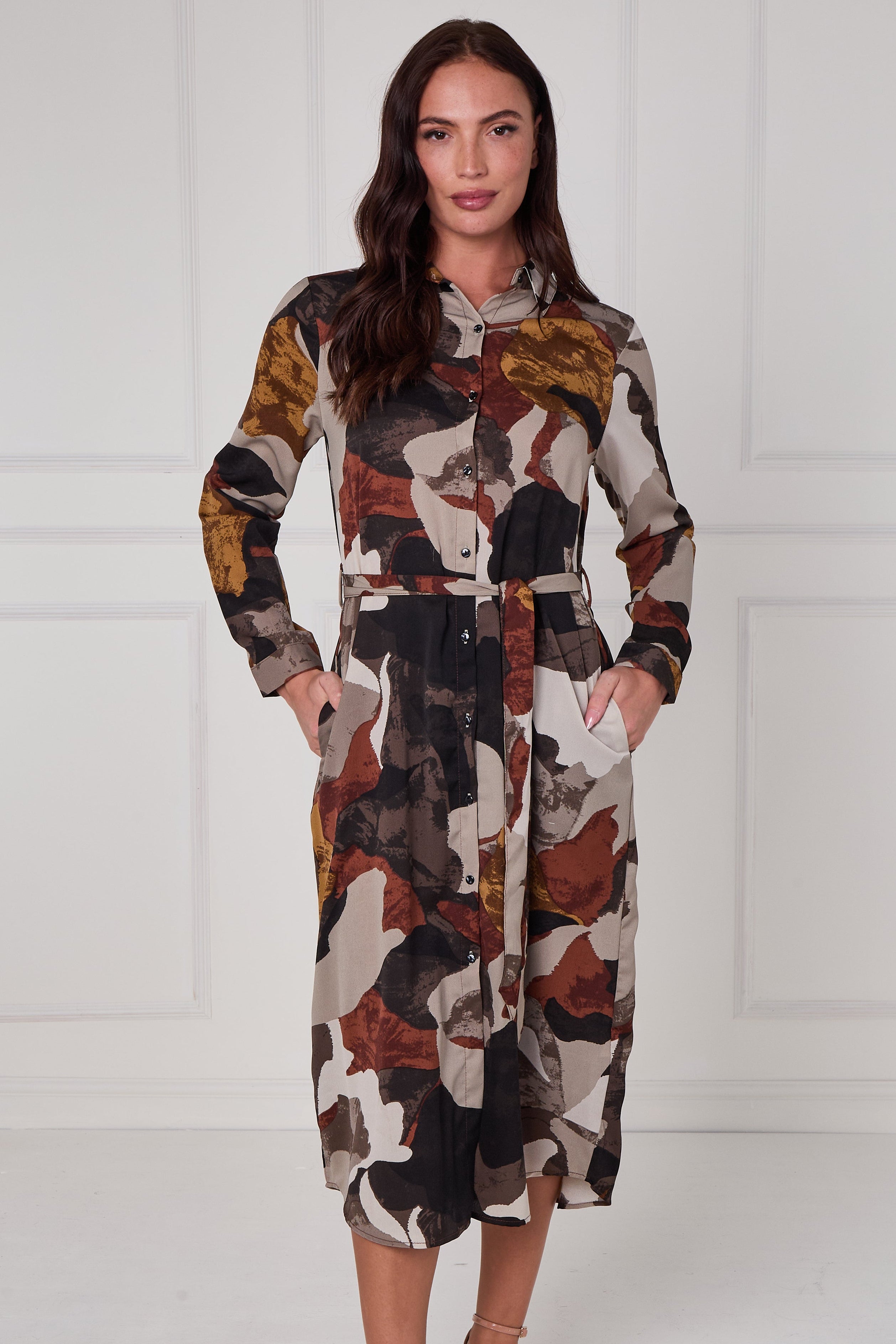 8Pcs Rust and Earth Abstract Flow Print Midi Shirt Dress