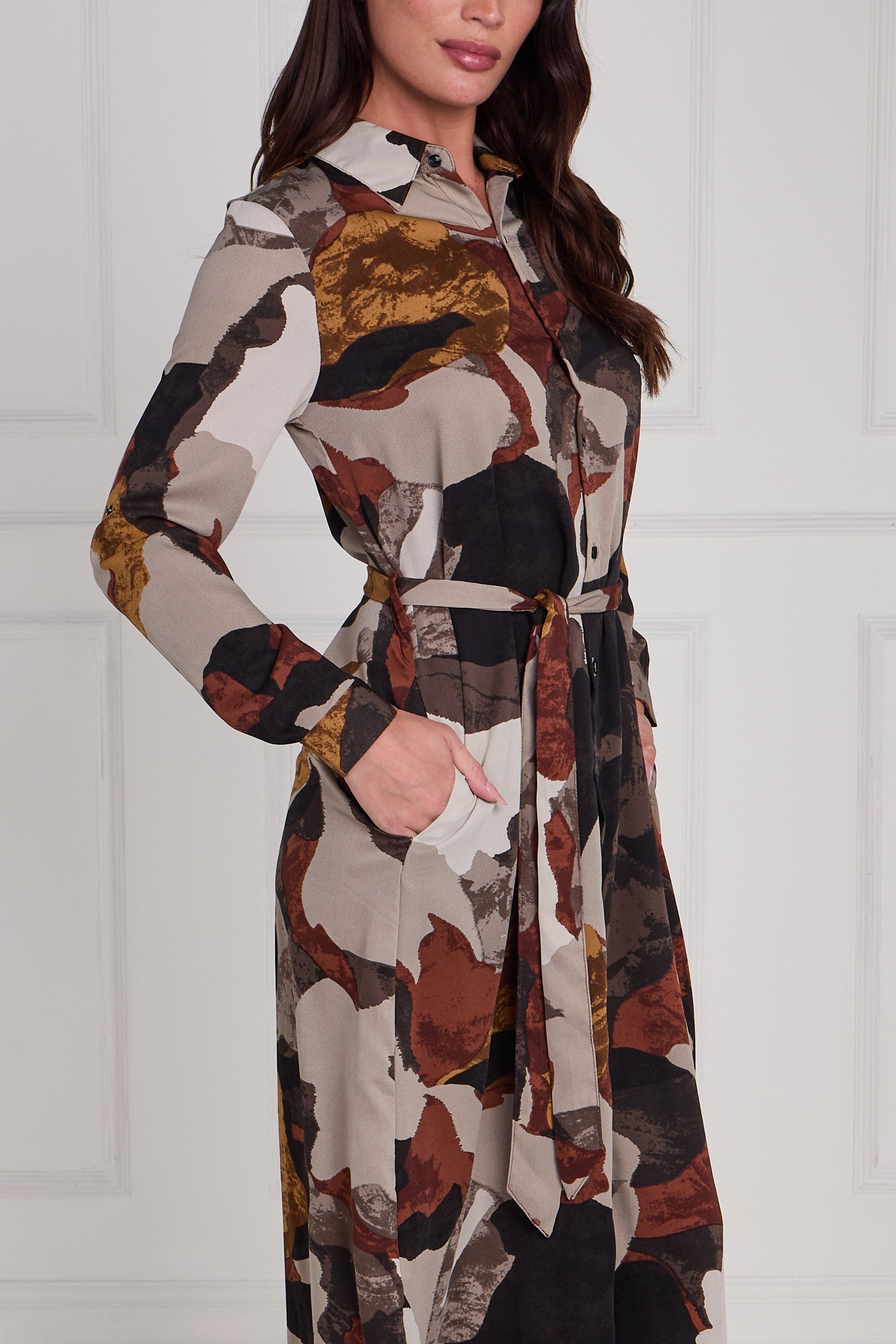 8Pcs Rust and Earth Abstract Flow Print Midi Shirt Dress