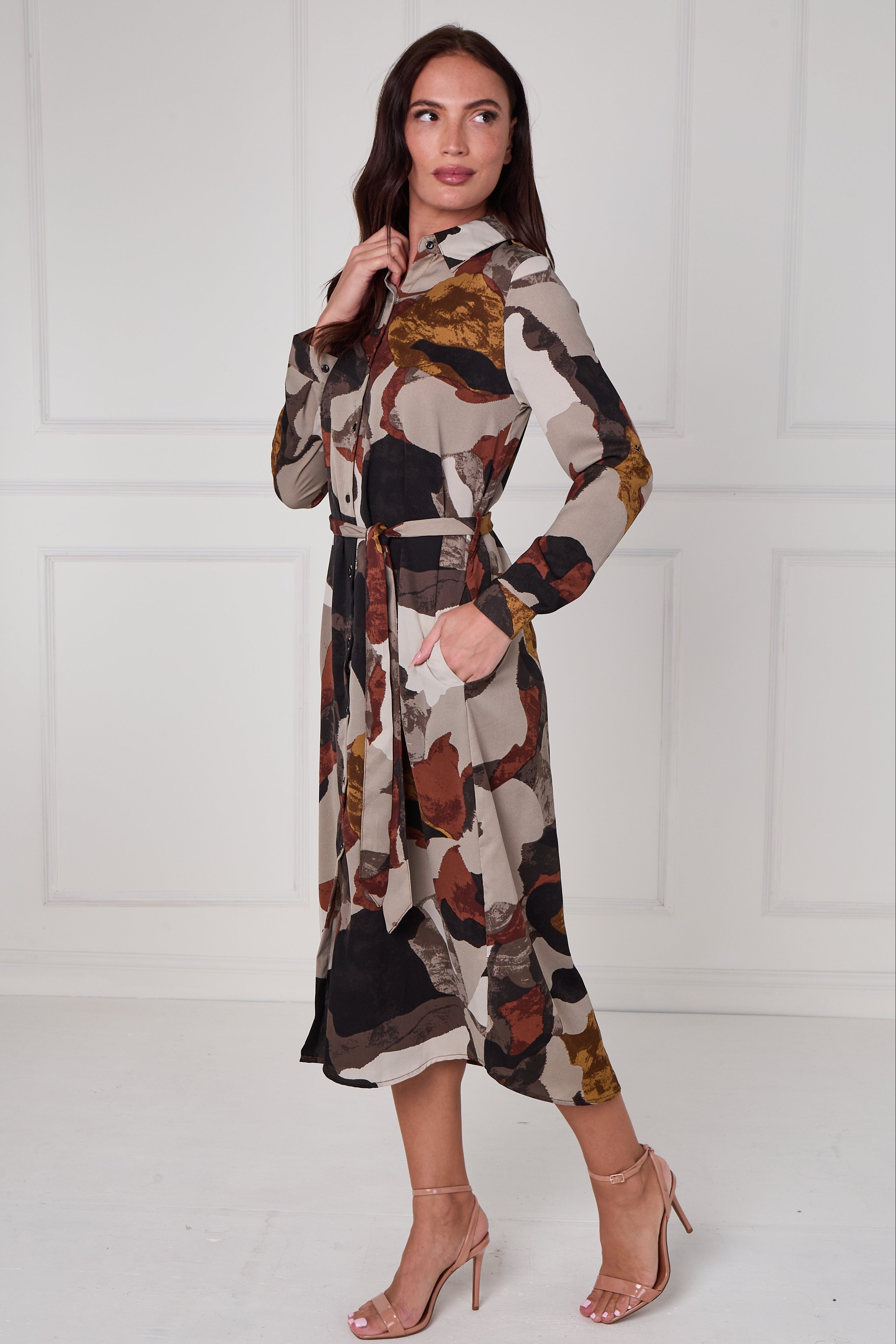8Pcs Rust and Earth Abstract Flow Print Midi Shirt Dress