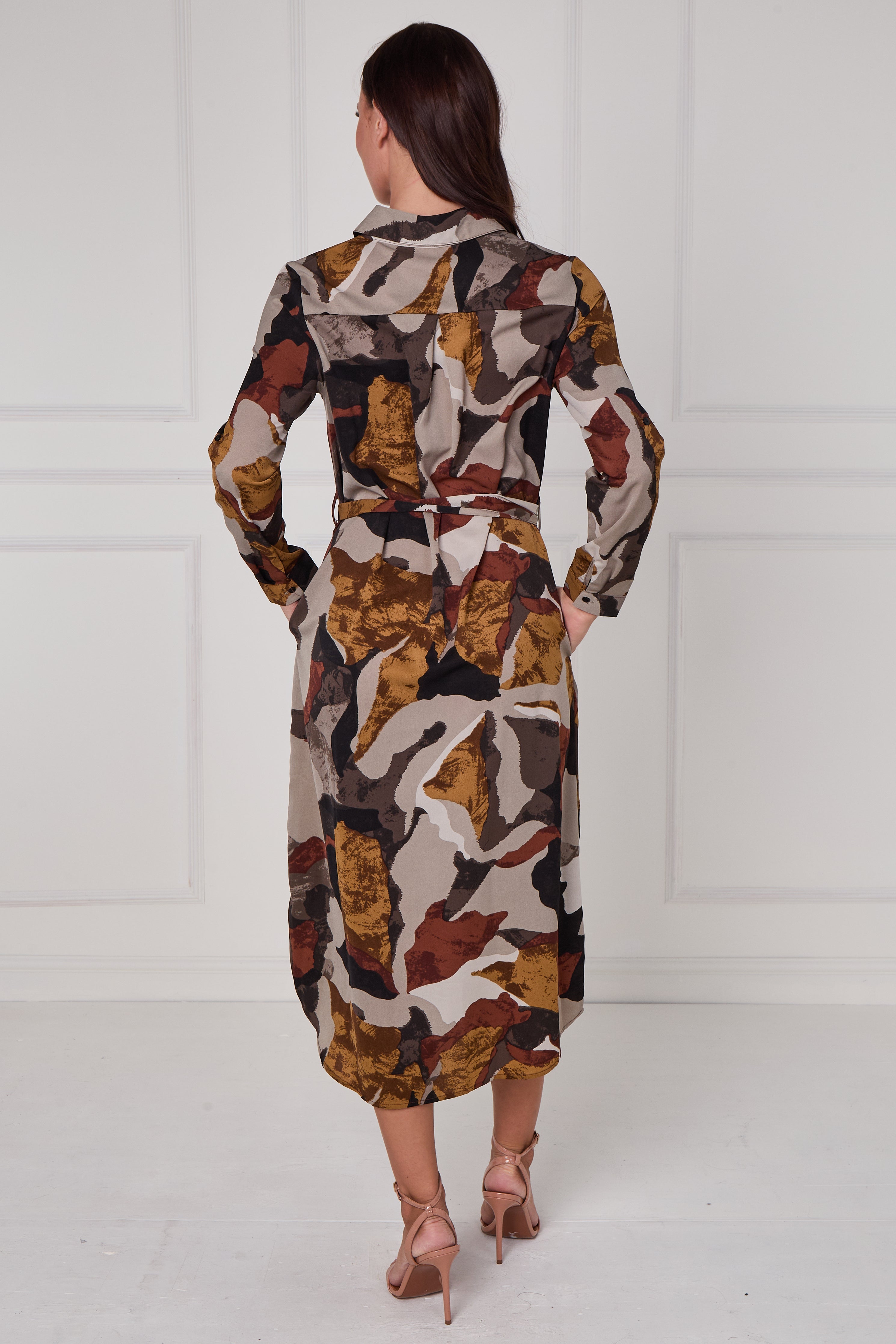 8Pcs Rust and Earth Abstract Flow Print Midi Shirt Dress