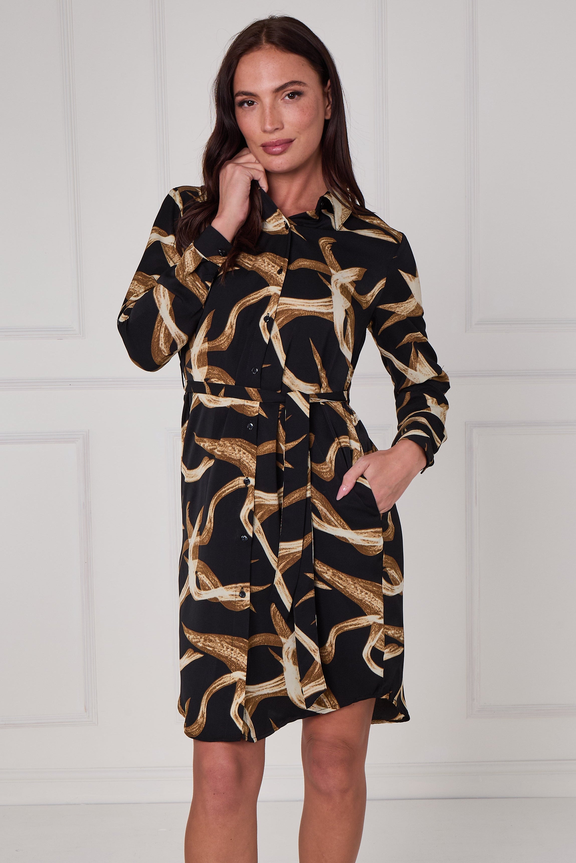 8Pcs Black and Gold Abstract Swirl Print Mini Shirt Dress