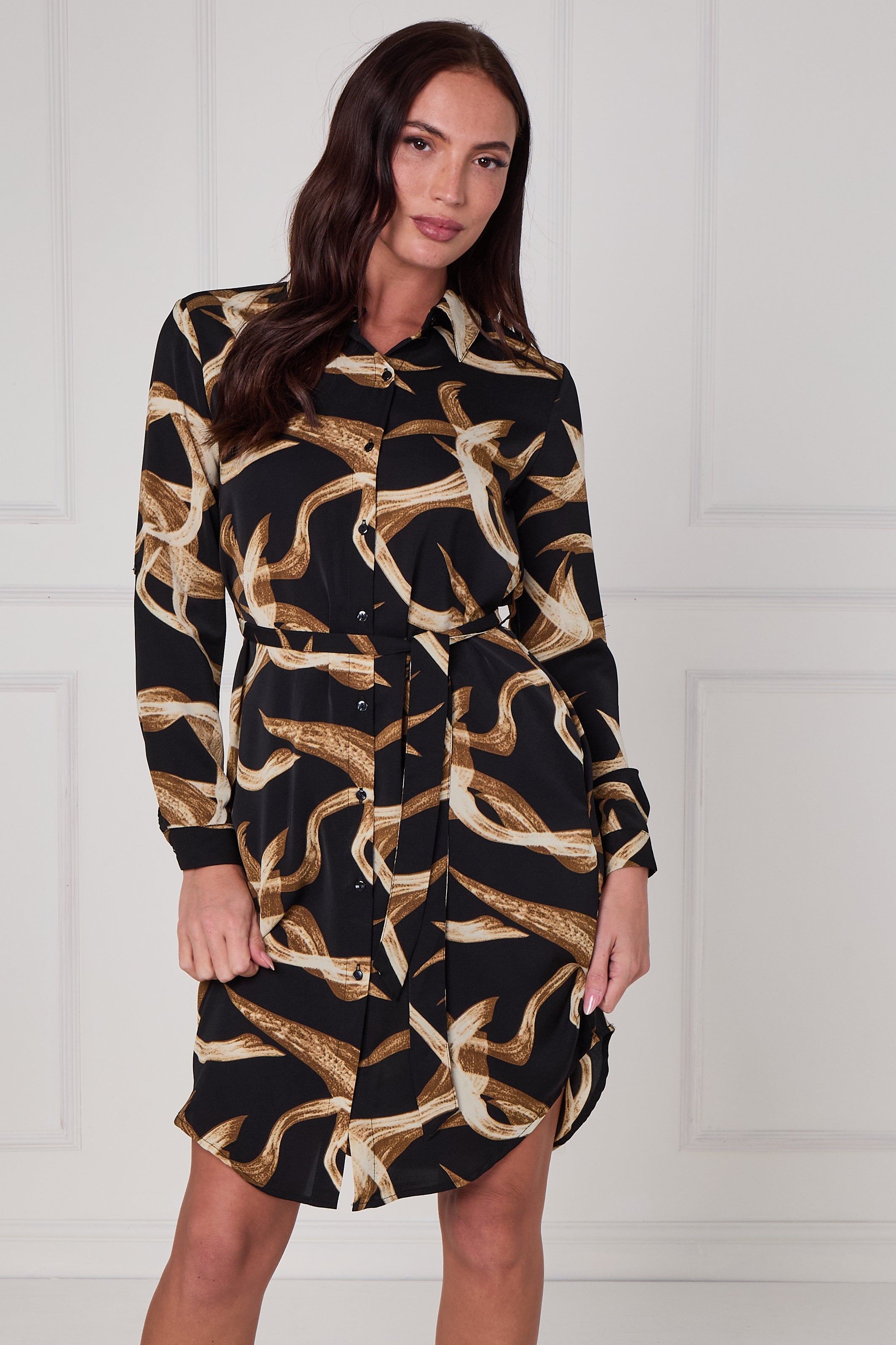 8Pcs Black and Gold Abstract Swirl Print Mini Shirt Dress